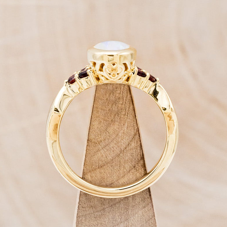 "AGATHA" - BEZEL SET OVAL CABOCHON CUT WHITE OPAL ENGAGEMENT RING WITH GARNET ACCENTS AND FIRE & ICE OPAL INLAYS-Staghead Designs