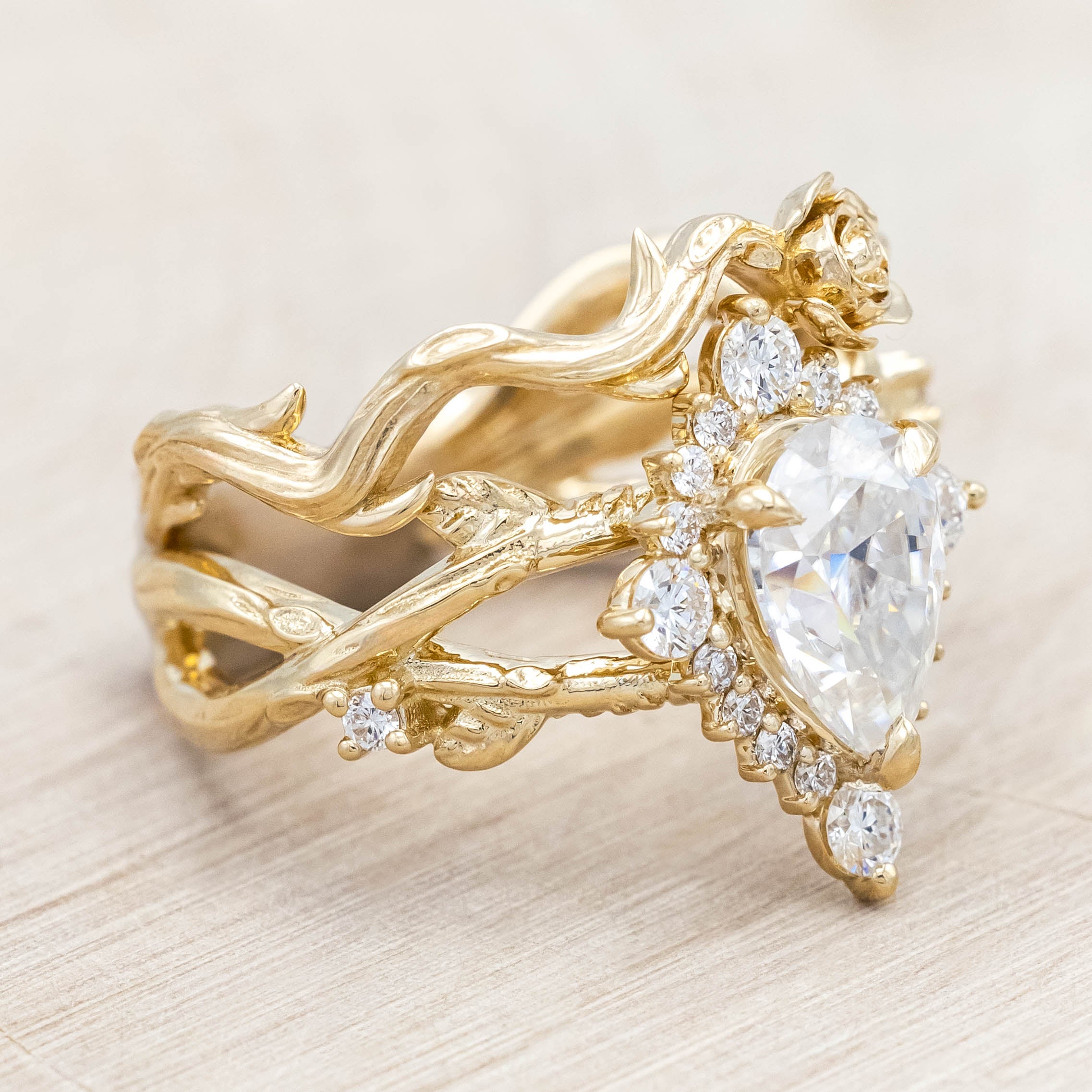 "ARTEMIS ON THE VINE DIVINE" - PEAR ENGAGEMENT RING WITH DIAMOND ACCENTS & A BRANCH-STYLE BAND-Staghead Designs