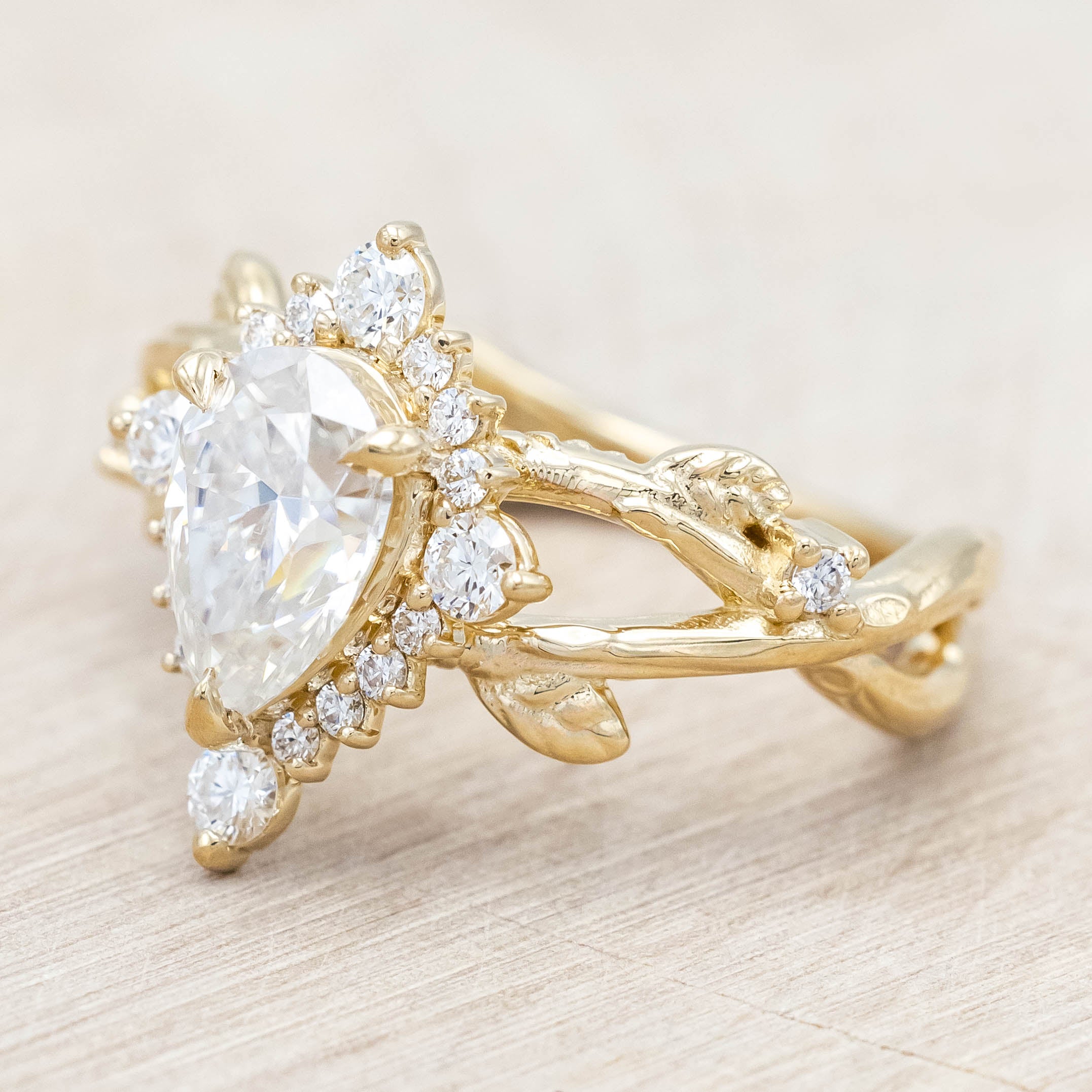 "ARTEMIS ON THE VINE DIVINE" - PEAR ENGAGEMENT RING WITH DIAMOND ACCENTS & A BRANCH-STYLE BAND-Staghead Designs