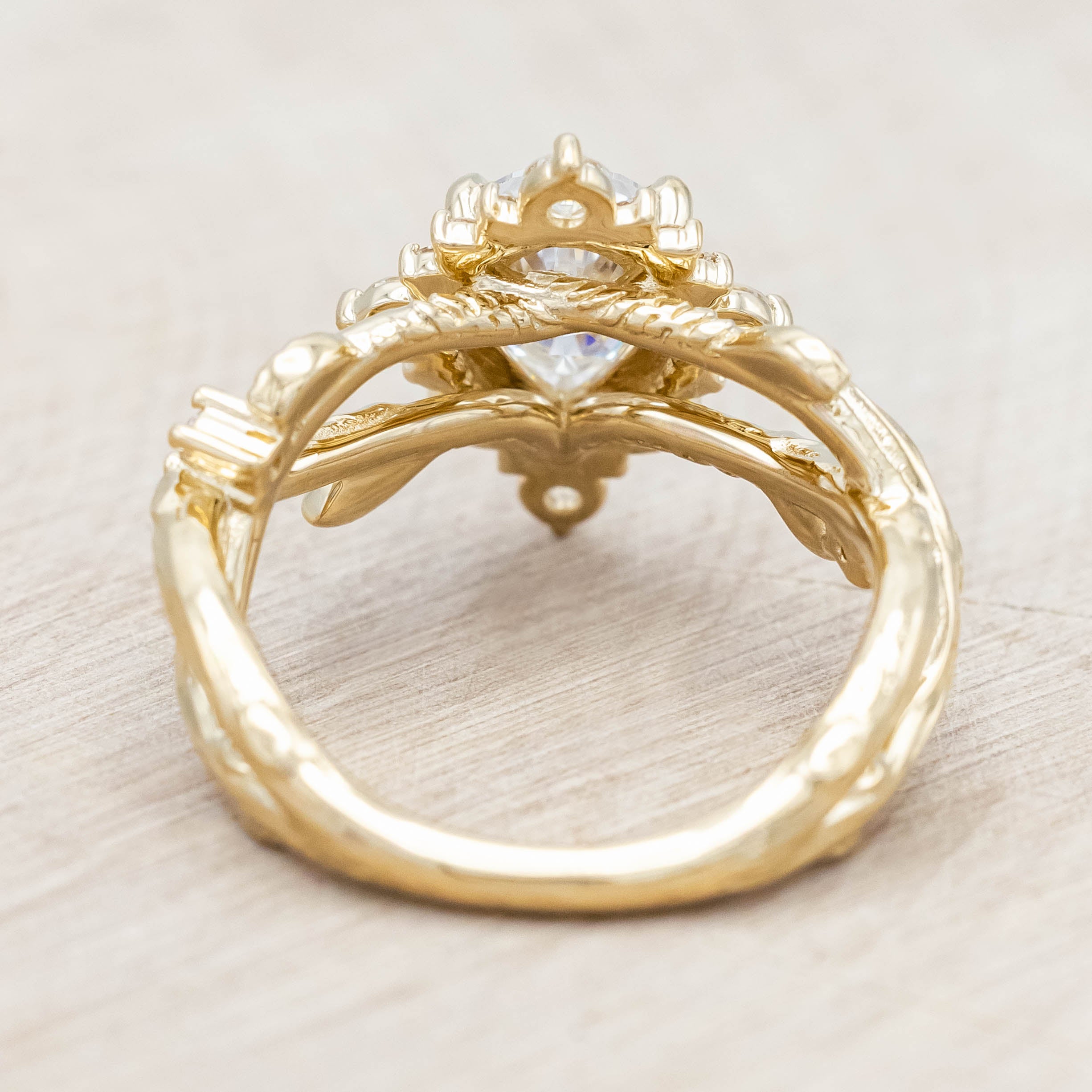 "ARTEMIS ON THE VINE DIVINE" - PEAR ENGAGEMENT RING WITH DIAMOND ACCENTS & A BRANCH-STYLE BAND-Staghead Designs