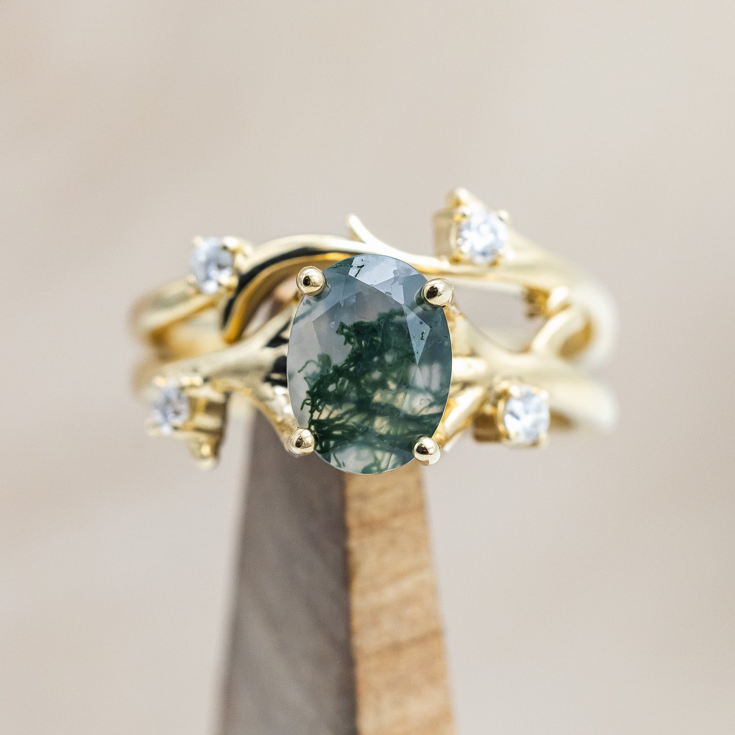 "ARTEMIS" - OVAL CUT MOSS AGATE ENGAGEMENT RING WITH DIAMOND ACCENTS & STACKING BAND-Staghead Designs