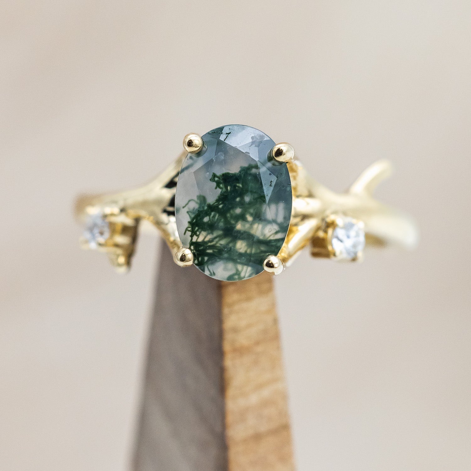 "ARTEMIS" - OVAL CUT MOSS AGATE ENGAGEMENT RING WITH DIAMOND ACCENTS & STACKING BAND-Staghead Designs