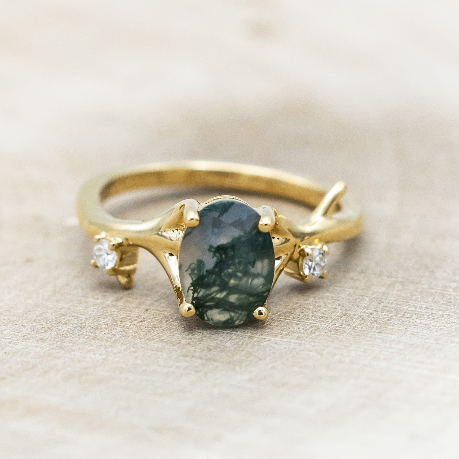 "ARTEMIS" - OVAL CUT MOSS AGATE ENGAGEMENT RING WITH DIAMOND ACCENTS & STACKING BAND-Staghead Designs
