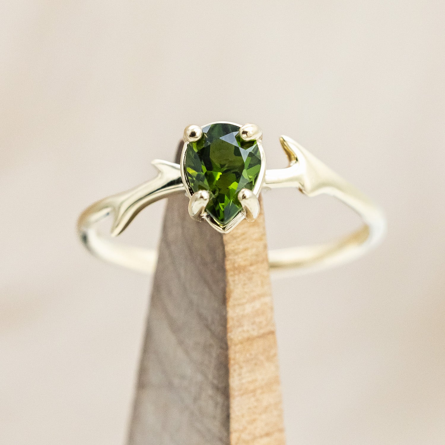 "ARTEMIS" - PEAR GREEN TOURMALINE ENGAGEMENT RING WITH AN ANTLER-STYLE STACKING BAND WITH DIAMOND ACCENT-Staghead Designs