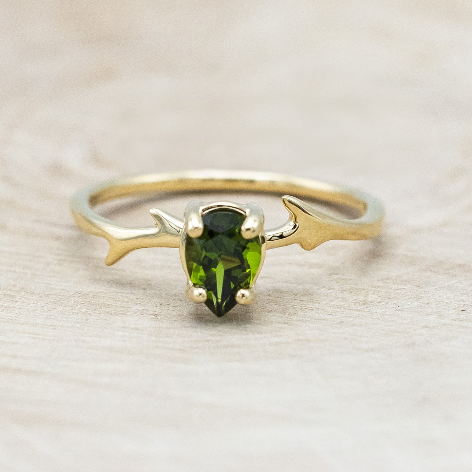 "ARTEMIS" - PEAR GREEN TOURMALINE ENGAGEMENT RING WITH AN ANTLER-STYLE STACKING BAND WITH DIAMOND ACCENT-Staghead Designs