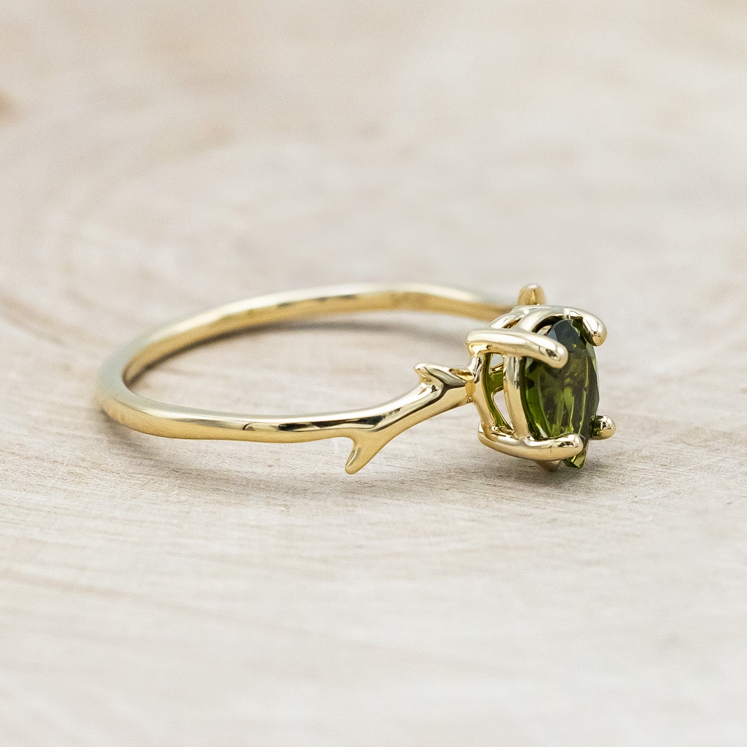 "ARTEMIS" - PEAR GREEN TOURMALINE ENGAGEMENT RING WITH AN ANTLER-STYLE STACKING BAND WITH DIAMOND ACCENT-Staghead Designs