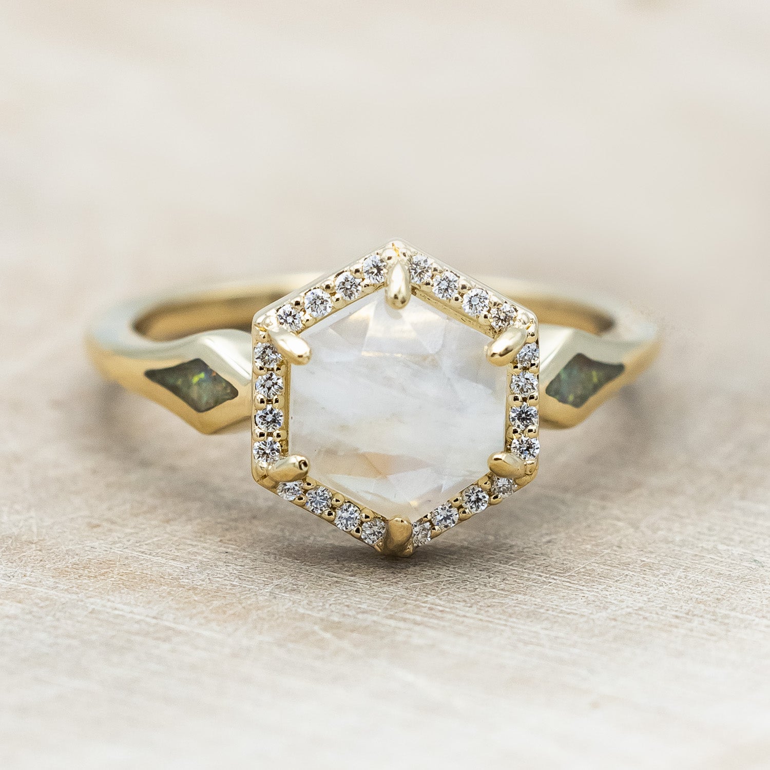 "CRAZY ON YOU" - HEXAGON MOONSTONE ENGAGEMENT RING WITH DIAMOND HALO & WHITE OPAL INLAYS-Staghead Designs