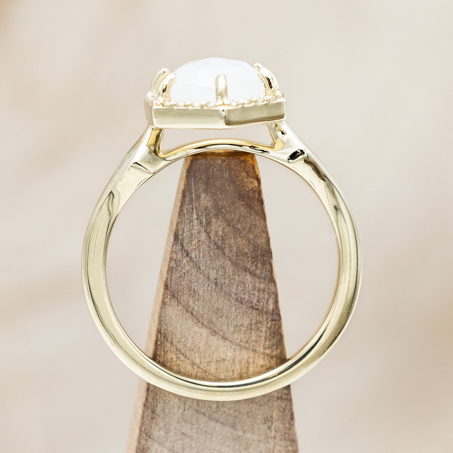 "CRAZY ON YOU" - HEXAGON MOONSTONE ENGAGEMENT RING WITH DIAMOND HALO & WHITE OPAL INLAYS-Staghead Designs