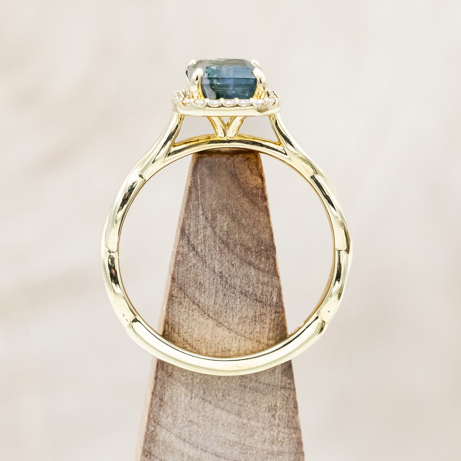 "EVERLEIGH" - EMERALD CUT MOSS AGATE WEDDING BAND SET WITH DIAMOND HALO & TWISTED STACKING BAND-Staghead Designs