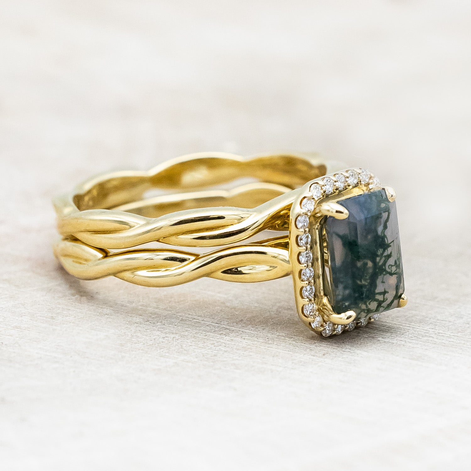 "EVERLEIGH" - EMERALD CUT MOSS AGATE WEDDING BAND SET WITH DIAMOND HALO & TWISTED STACKING BAND-Staghead Designs