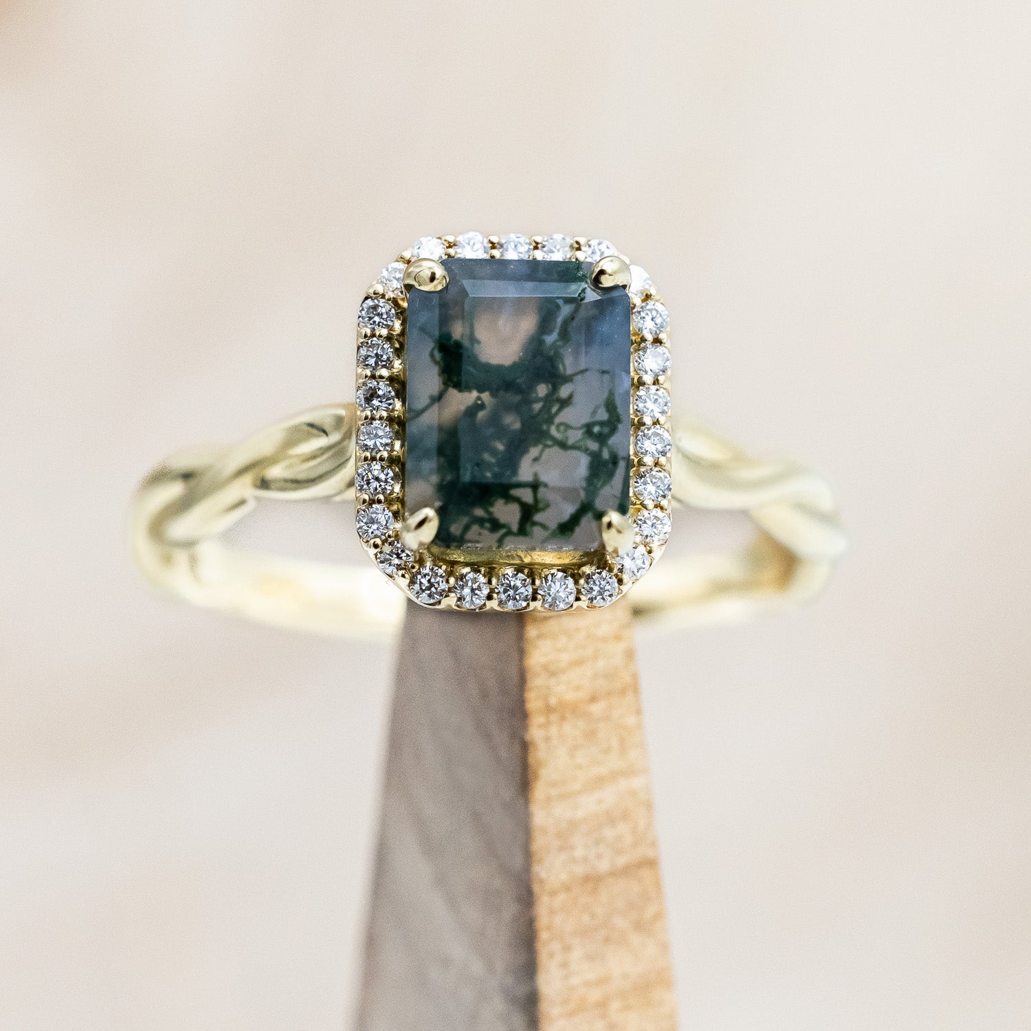 "EVERLEIGH" - EMERALD CUT MOSS AGATE WEDDING BAND SET WITH DIAMOND HALO & TWISTED STACKING BAND-Staghead Designs
