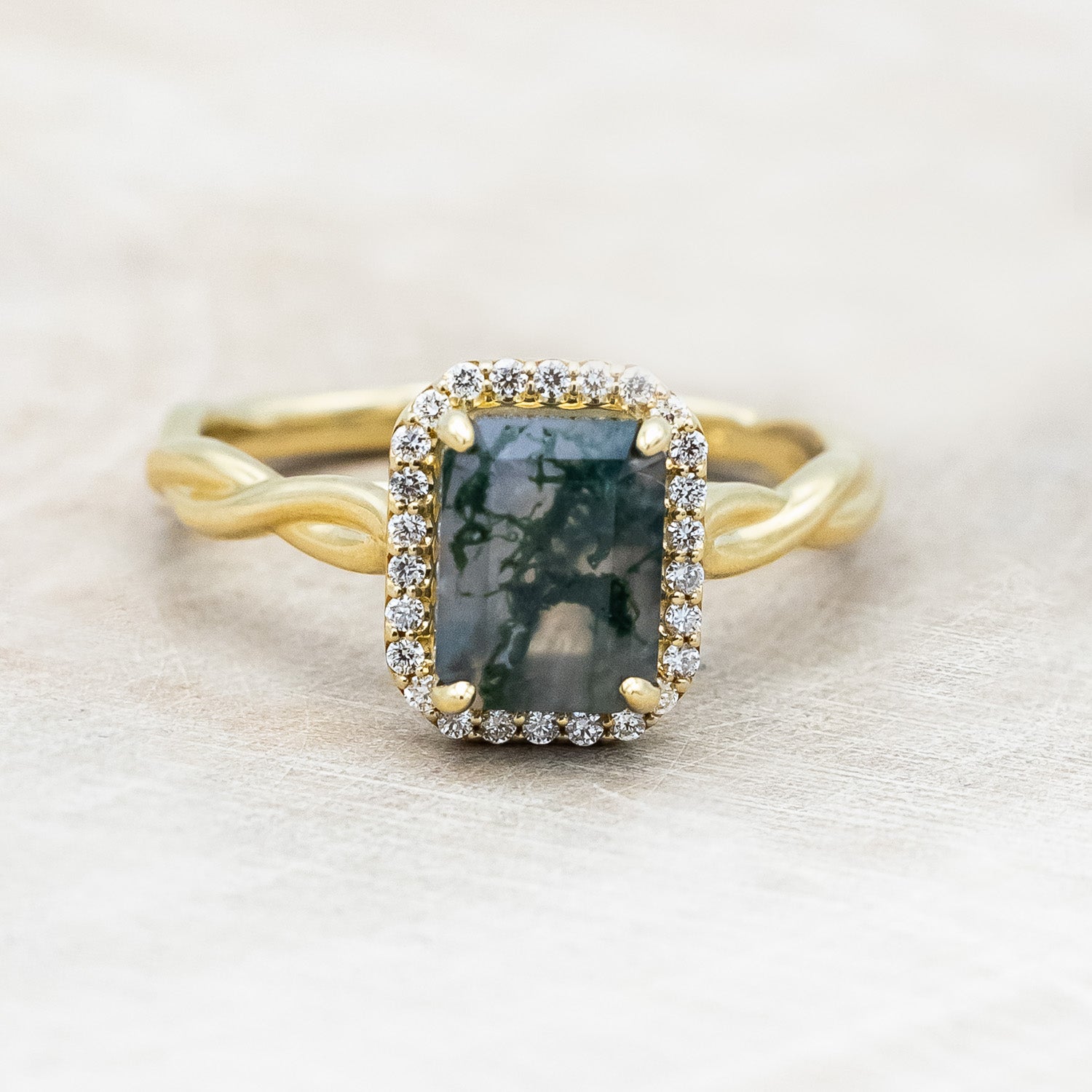 "EVERLEIGH" - EMERALD CUT MOSS AGATE WEDDING BAND SET WITH DIAMOND HALO & TWISTED STACKING BAND-Staghead Designs