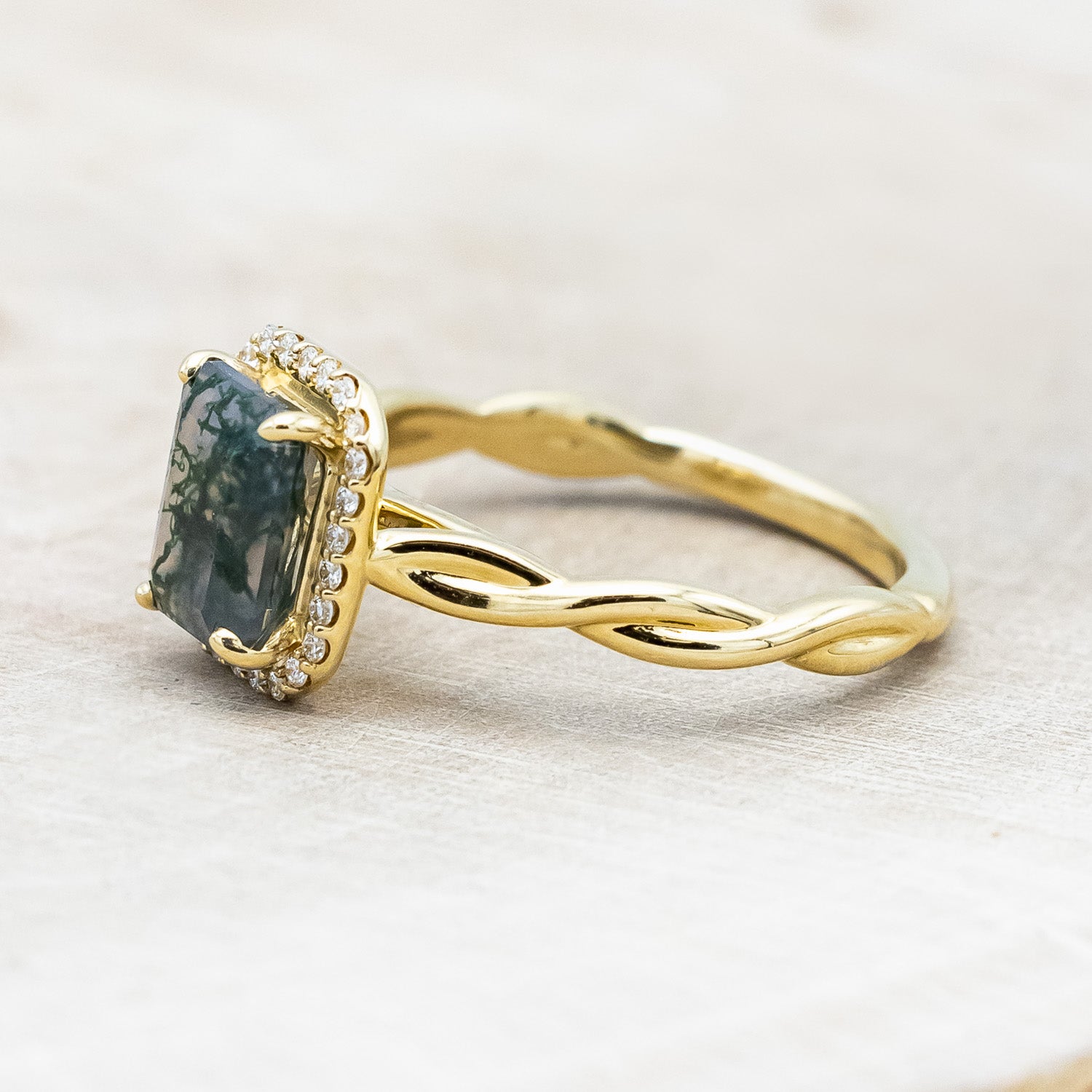 "EVERLEIGH" - EMERALD CUT MOSS AGATE WEDDING BAND SET WITH DIAMOND HALO & TWISTED STACKING BAND-Staghead Designs