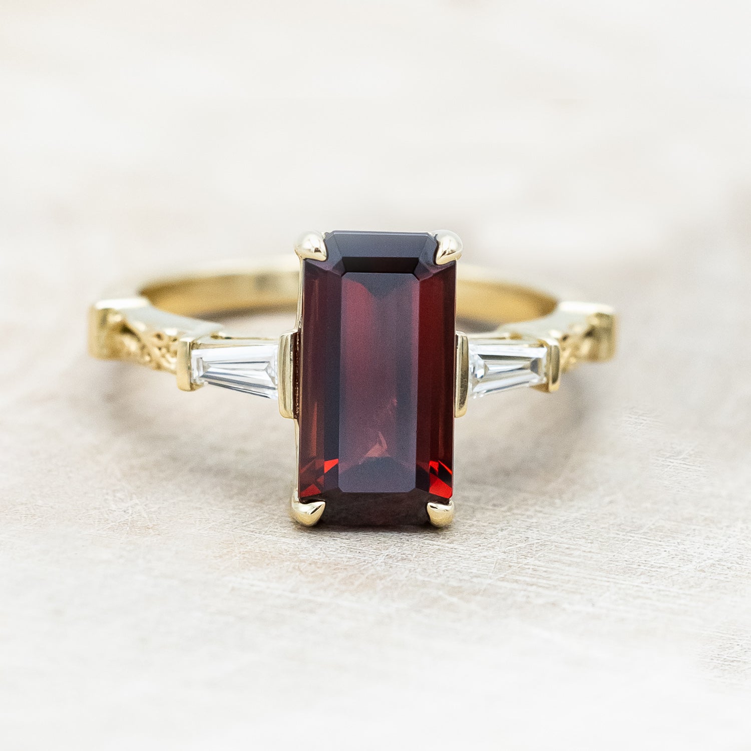 "SELENA" - EMERALD CUT MOZAMBIQUE GARNET ENGAGEMENT RING WITH DIAMOND ACCENTS-Staghead Designs