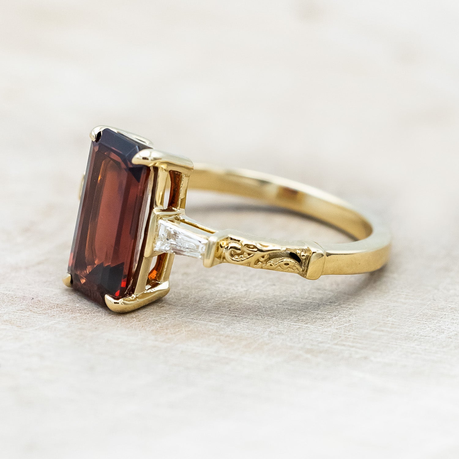 "SELENA" - EMERALD CUT MOZAMBIQUE GARNET ENGAGEMENT RING WITH DIAMOND ACCENTS-Staghead Designs