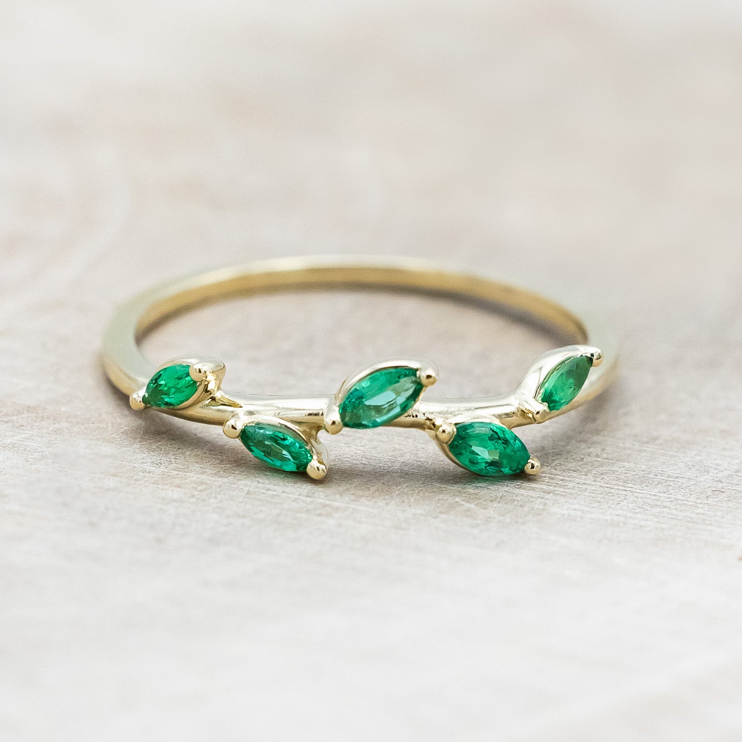 "IDHAL" - MARQUISE LAB-GROWN EMERALD LEAF RING WITH 14K GOLD-Staghead Designs