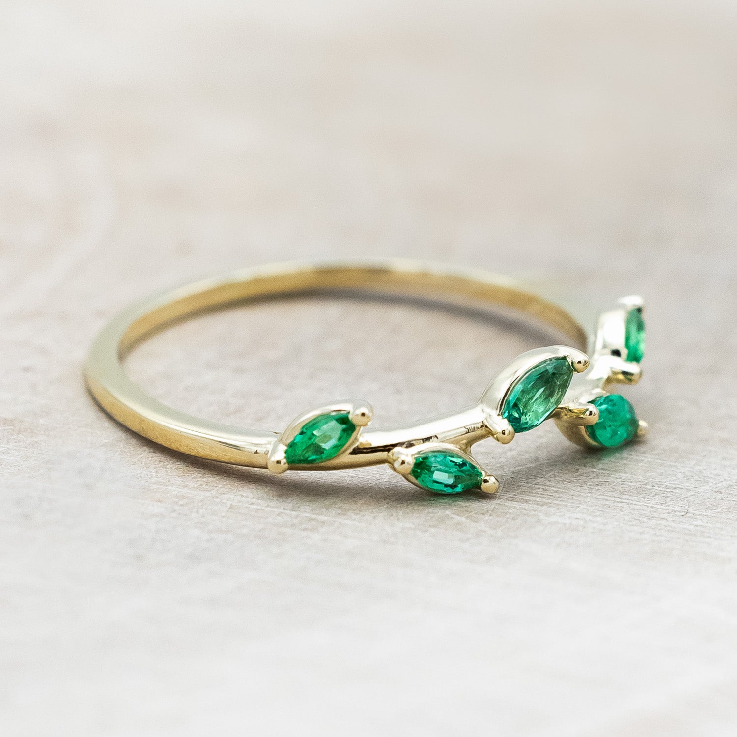 "IDHAL" - MARQUISE LAB-GROWN EMERALD LEAF RING WITH 14K GOLD-Staghead Designs