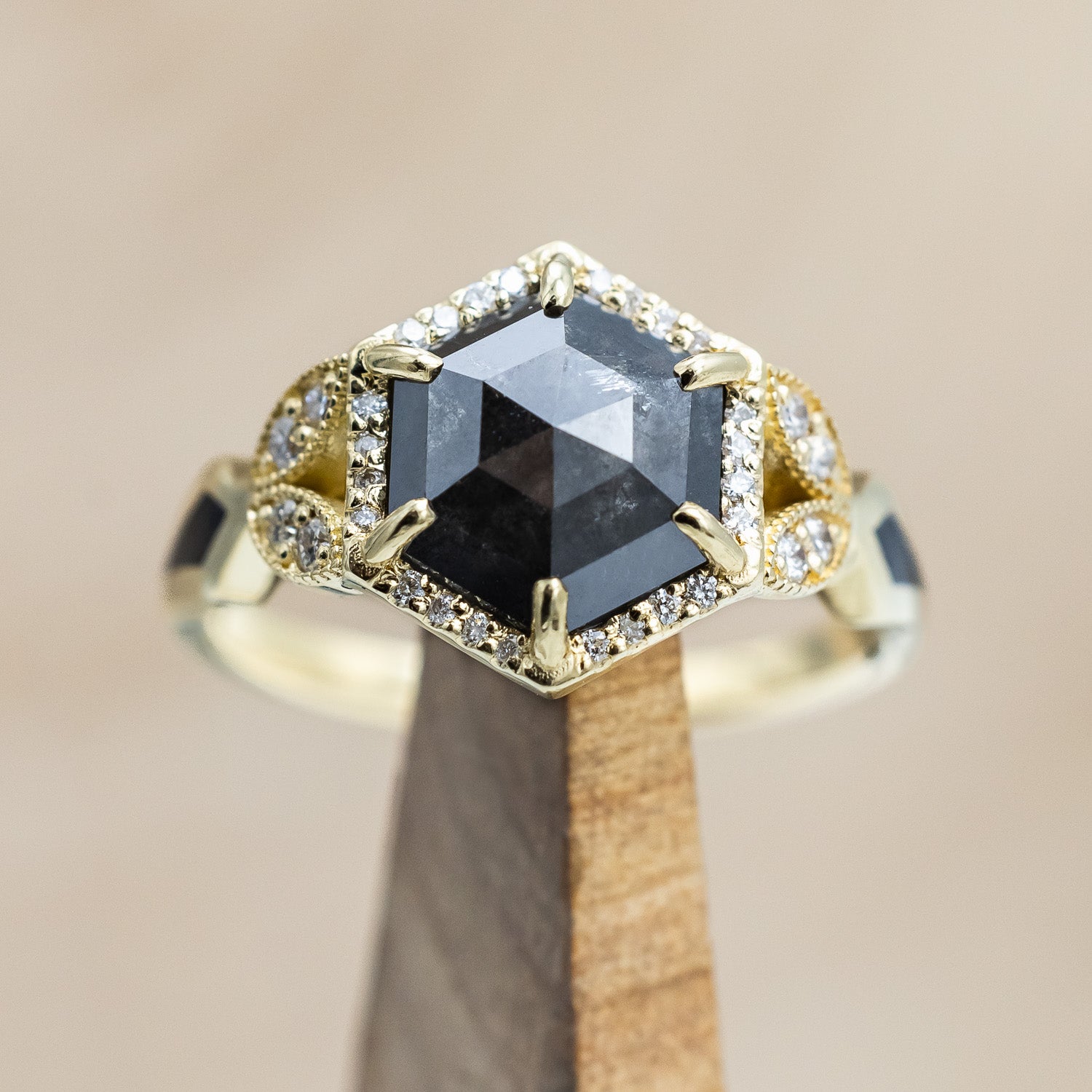 "LUCY IN THE SKY" - HEXAGON ROSECUT SALT & PEPPER ENGAGEMENT RING WITH JET STONE INLAYS-Staghead Designs