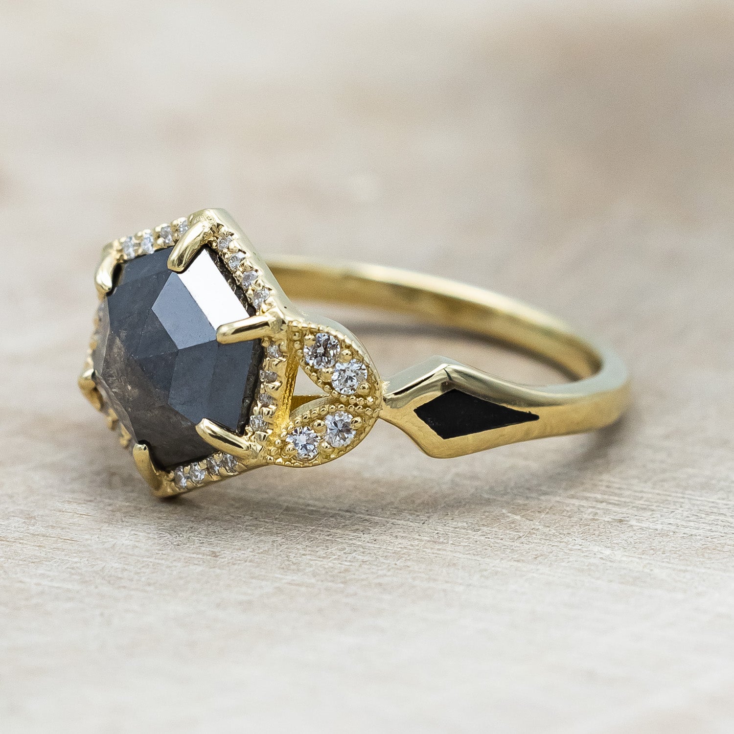 "LUCY IN THE SKY" - HEXAGON ROSECUT SALT & PEPPER ENGAGEMENT RING WITH JET STONE INLAYS-Staghead Designs