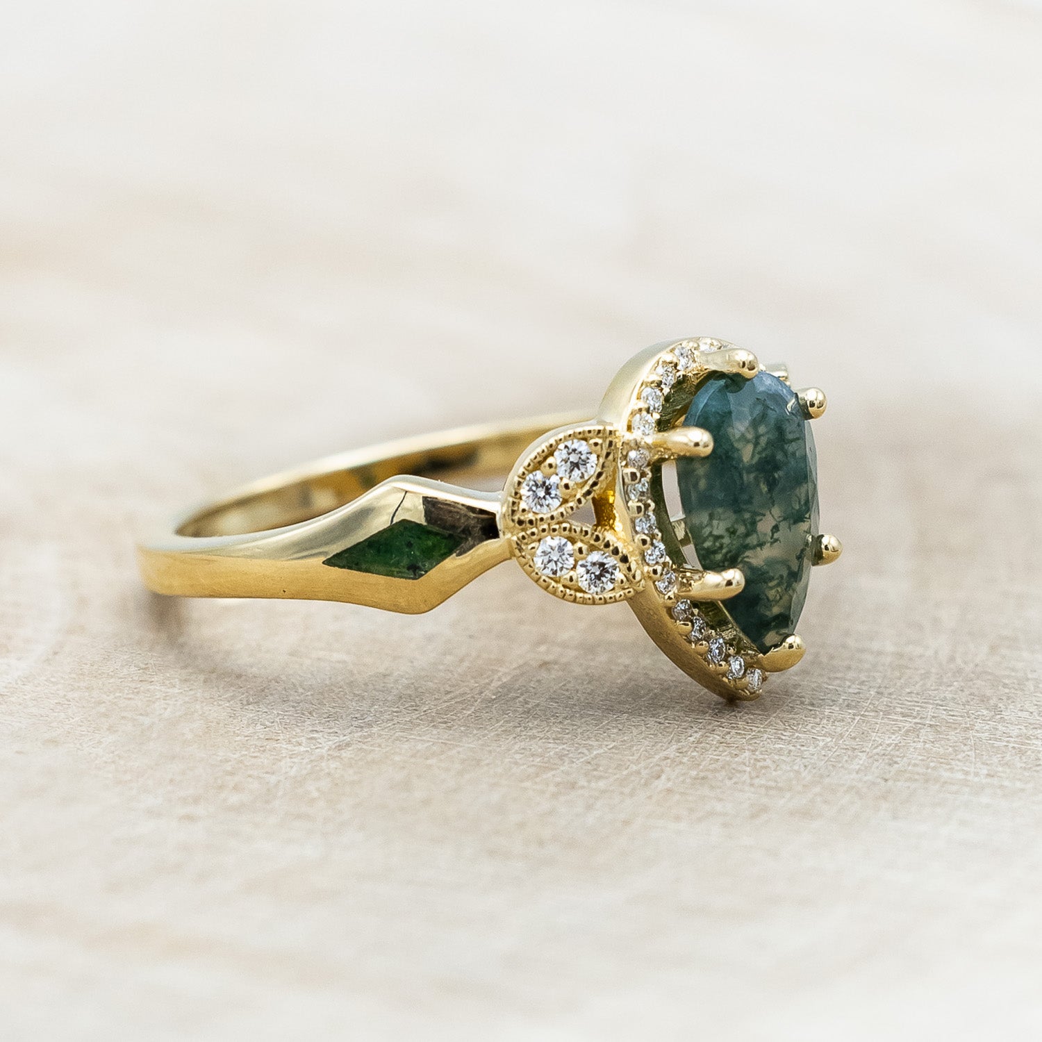 "LUCY IN THE SKY" - PEAR CUT MOSS AGATE ENGAGEMENT RING WITH DIAMOND HALO & MOSS INLAYS-Staghead Designs