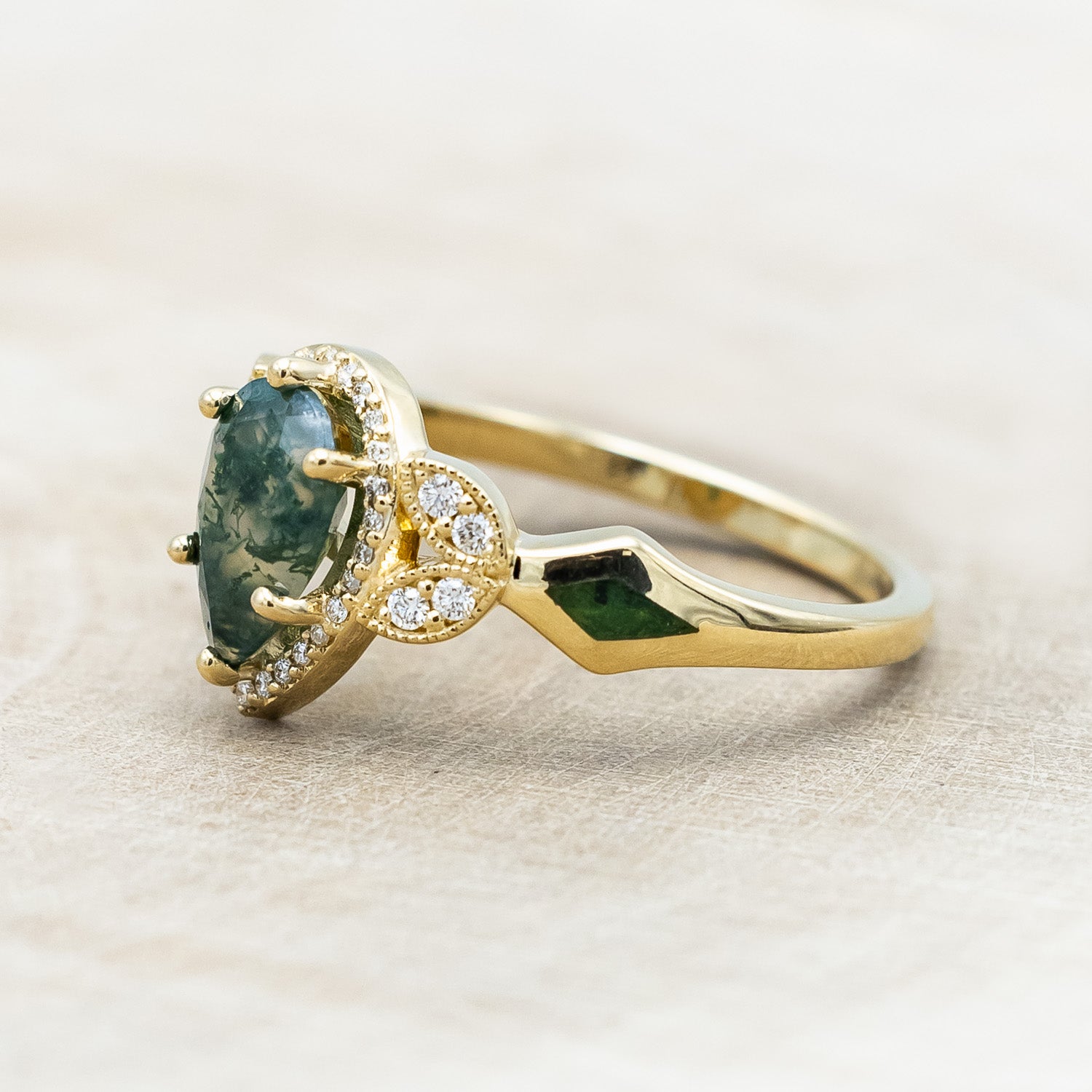 "LUCY IN THE SKY" - PEAR CUT MOSS AGATE ENGAGEMENT RING WITH DIAMOND HALO & MOSS INLAYS-Staghead Designs