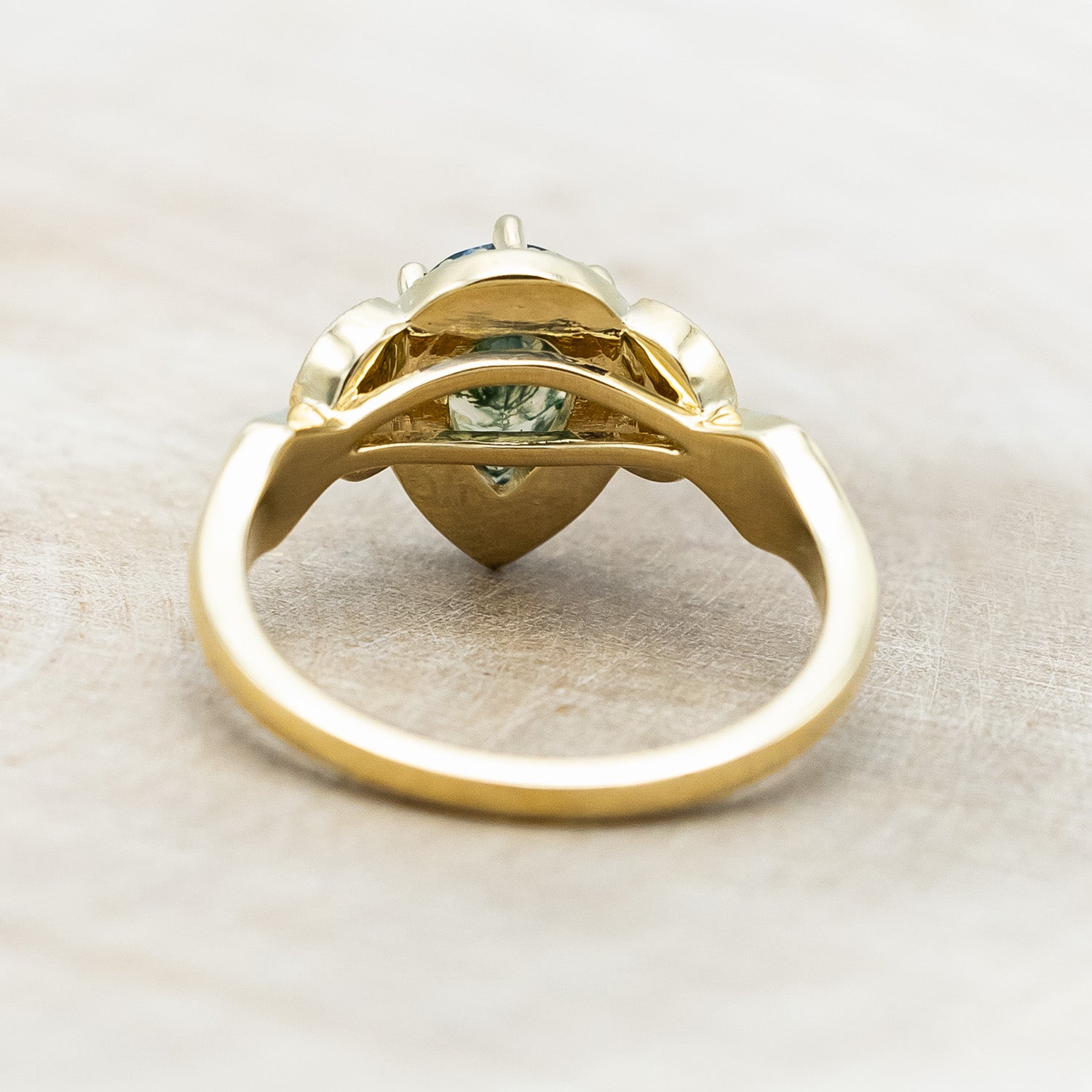 "LUCY IN THE SKY" - PEAR CUT MOSS AGATE ENGAGEMENT RING WITH DIAMOND HALO & MOSS INLAYS-Staghead Designs
