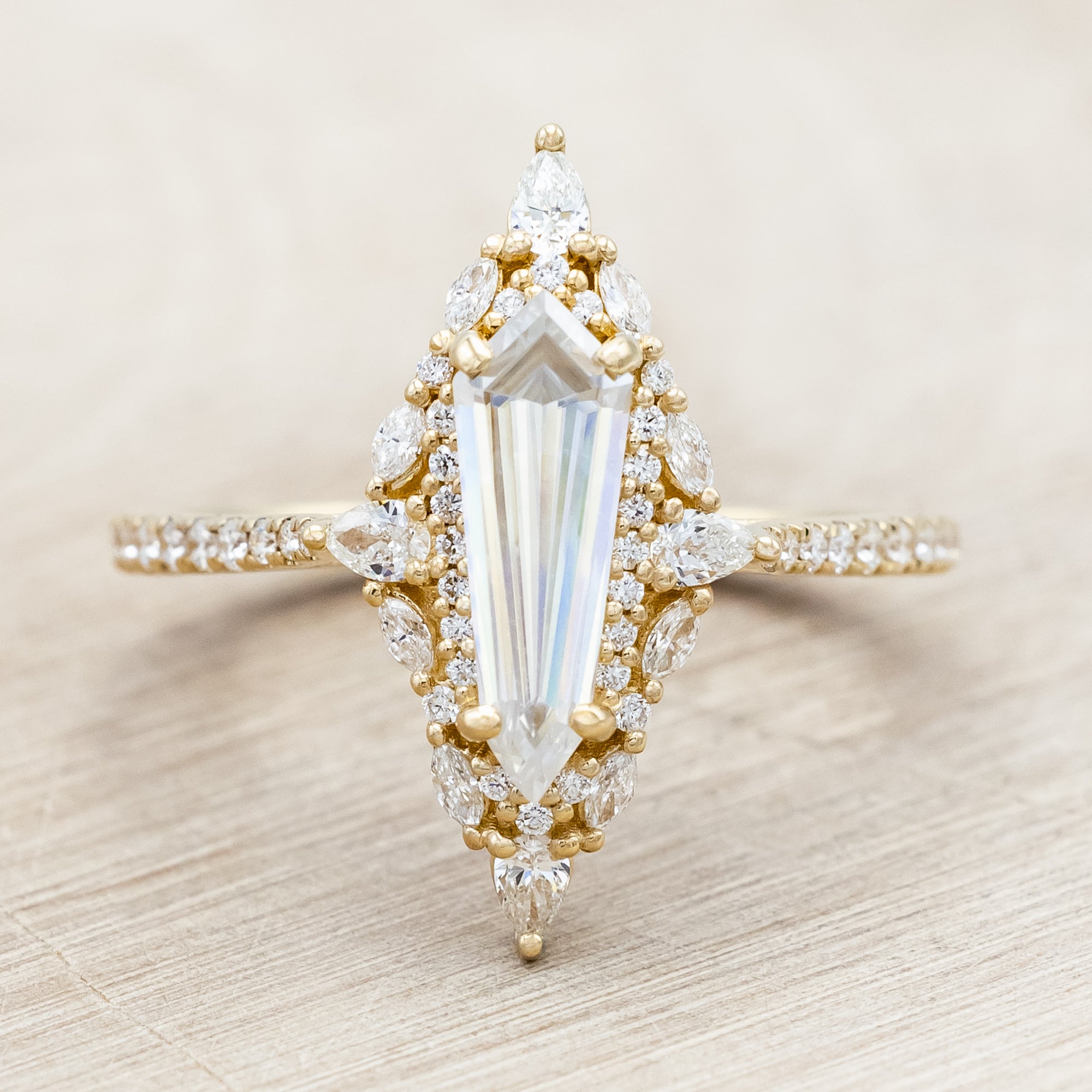 "NORTH STAR" - DAGGER CUT MOISSANITE ENGAGEMENT RING WITH DIAMOND HALO & ACCENTS-Staghead Designs
