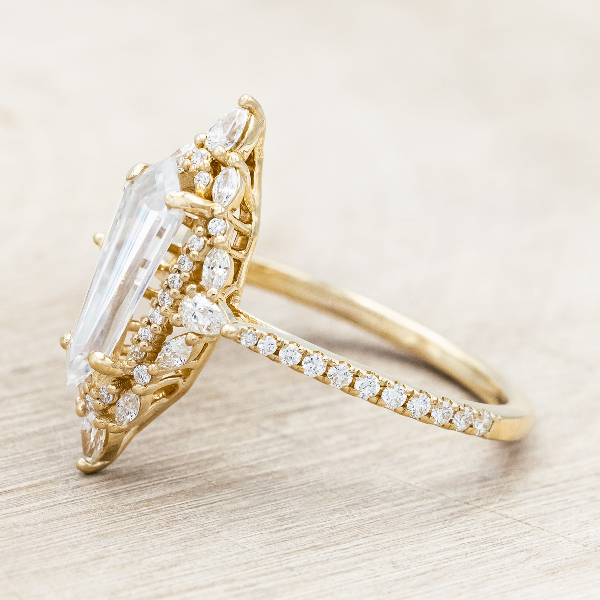 "NORTH STAR" - DAGGER CUT MOISSANITE ENGAGEMENT RING WITH DIAMOND HALO & ACCENTS-Staghead Designs