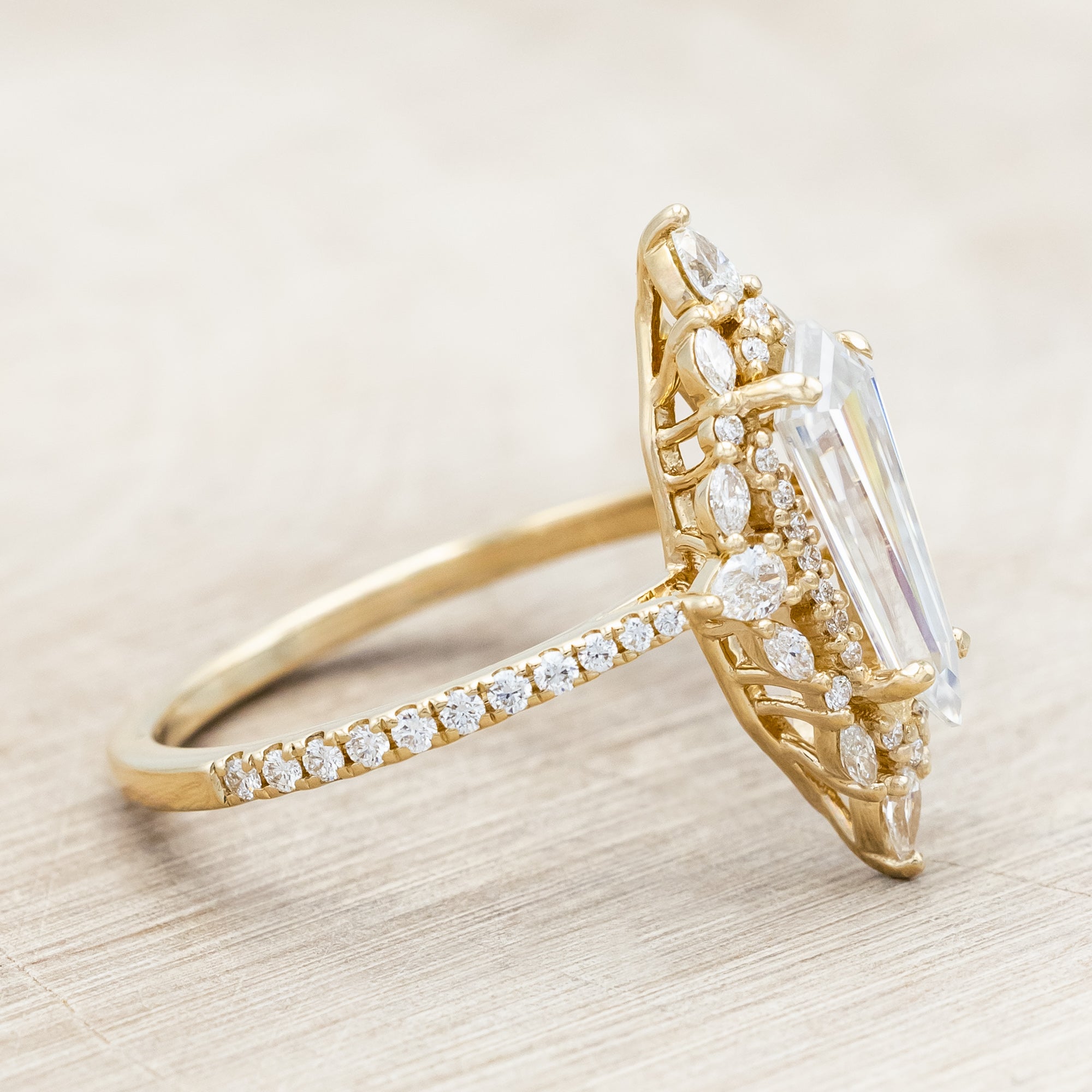 "NORTH STAR" - DAGGER CUT MOISSANITE ENGAGEMENT RING WITH DIAMOND HALO & ACCENTS-Staghead Designs