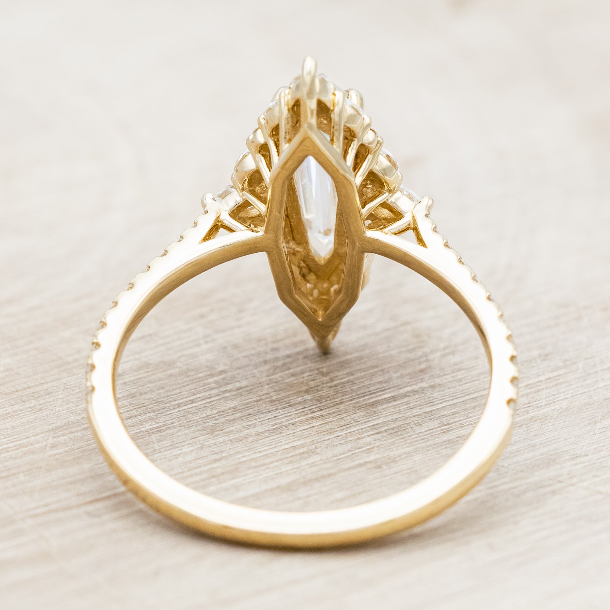 "NORTH STAR" - DAGGER CUT MOISSANITE ENGAGEMENT RING WITH DIAMOND HALO & ACCENTS-Staghead Designs