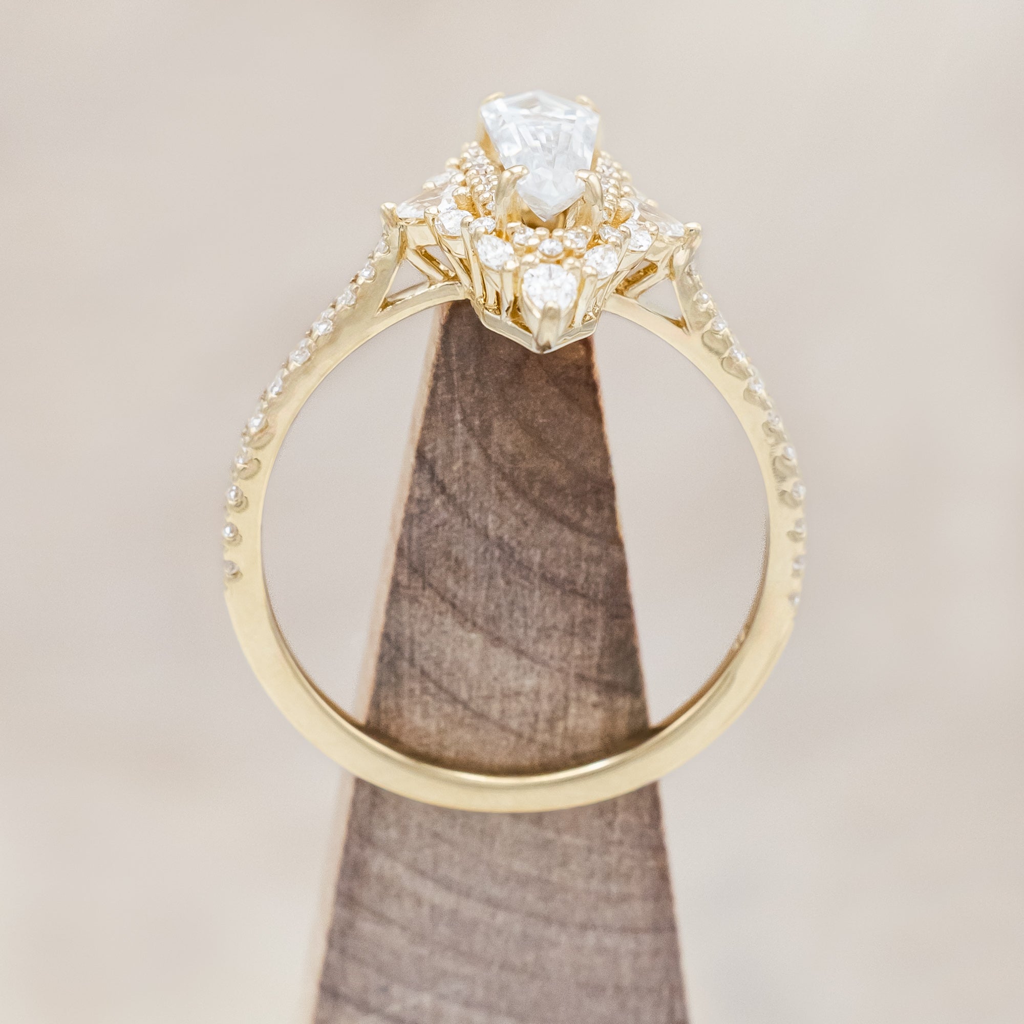 "NORTH STAR" - DAGGER CUT MOISSANITE ENGAGEMENT RING WITH DIAMOND HALO & ACCENTS-Staghead Designs