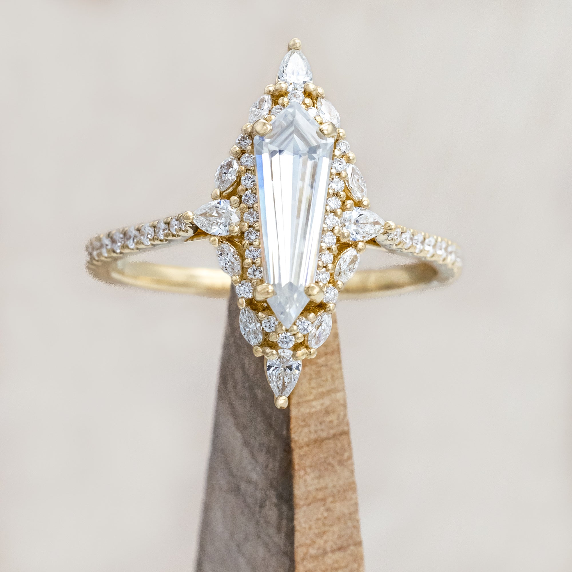 "NORTH STAR" - DAGGER CUT MOISSANITE ENGAGEMENT RING WITH DIAMOND HALO & ACCENTS-Staghead Designs