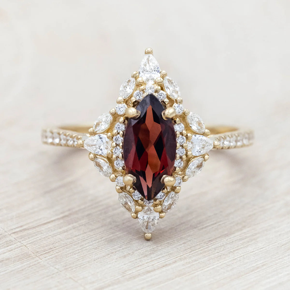 "North Star" - Marquise Cut Garnet Engagement Ring With Diamond Halo & Accents - 14K Yellow Gold - Size 7 1/4