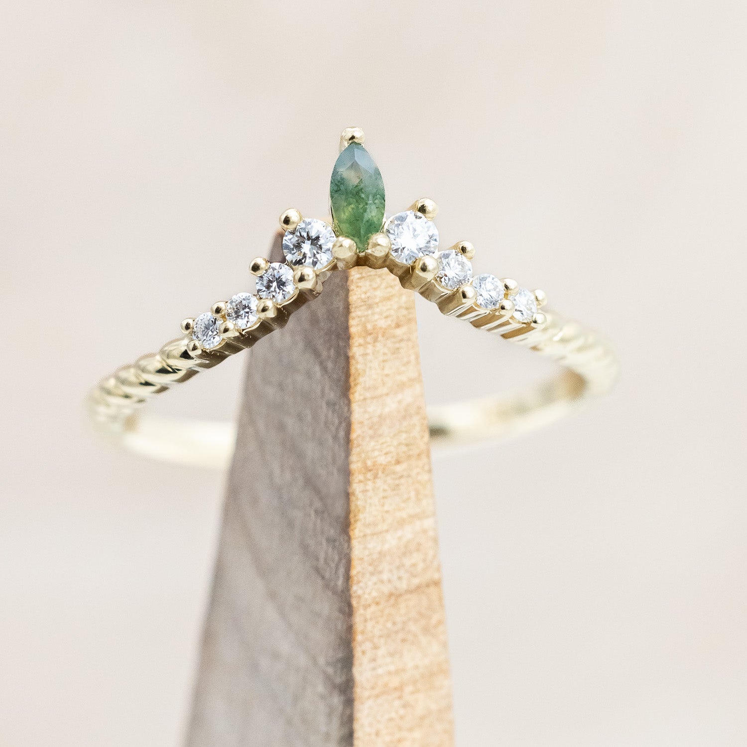 "SHIMMERING SAGE" - KITE CUT MOSS AGATE ENGAGEMENT RING WITH MARQUISE MOSS AGATE ACCENTS & A DIAMOND TRACER-Staghead Designs