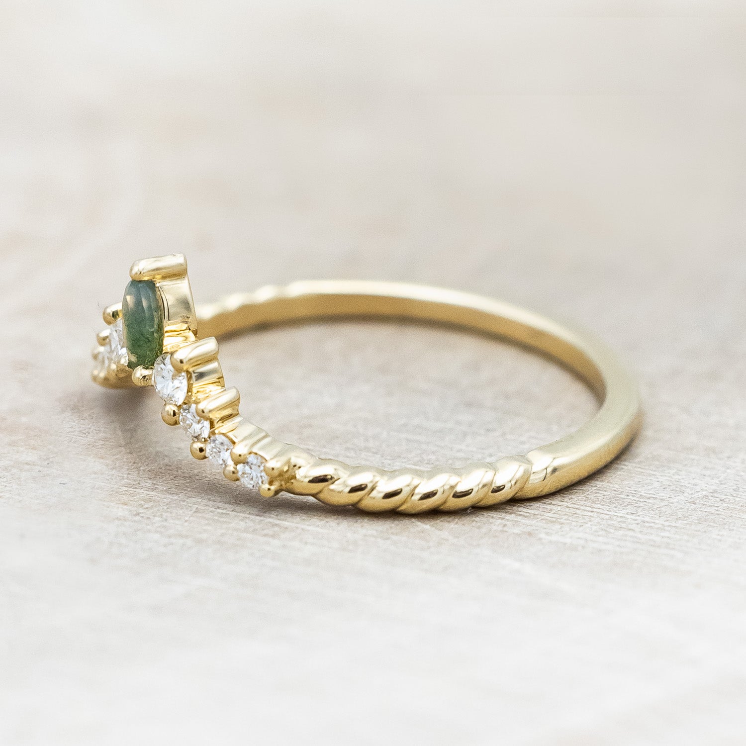 "SHIMMERING SAGE" - KITE CUT MOSS AGATE ENGAGEMENT RING WITH MARQUISE MOSS AGATE ACCENTS & A DIAMOND TRACER-Staghead Designs