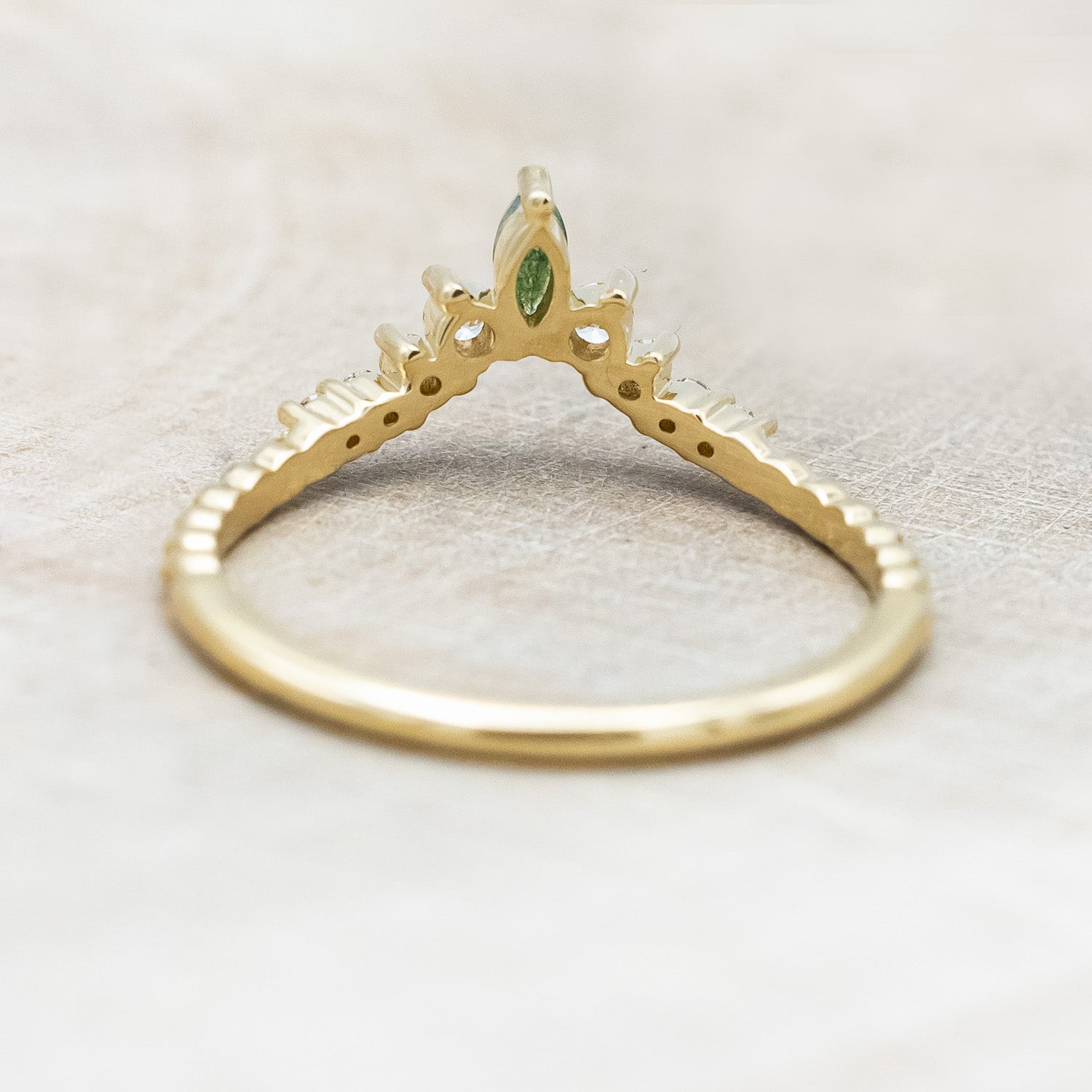 "SHIMMERING SAGE" - KITE CUT MOSS AGATE ENGAGEMENT RING WITH MARQUISE MOSS AGATE ACCENTS & A DIAMOND TRACER-Staghead Designs