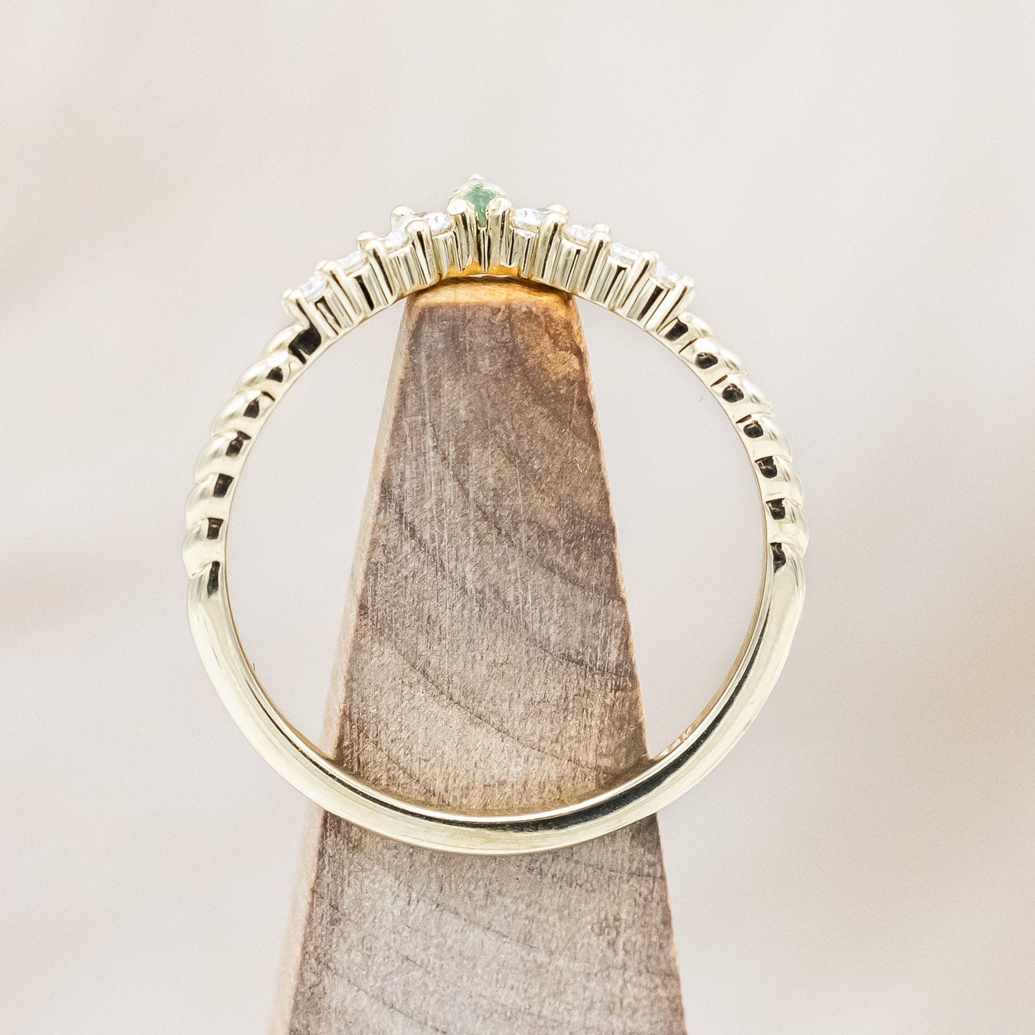 "SHIMMERING SAGE" - KITE CUT MOSS AGATE ENGAGEMENT RING WITH MARQUISE MOSS AGATE ACCENTS & A DIAMOND TRACER-Staghead Designs