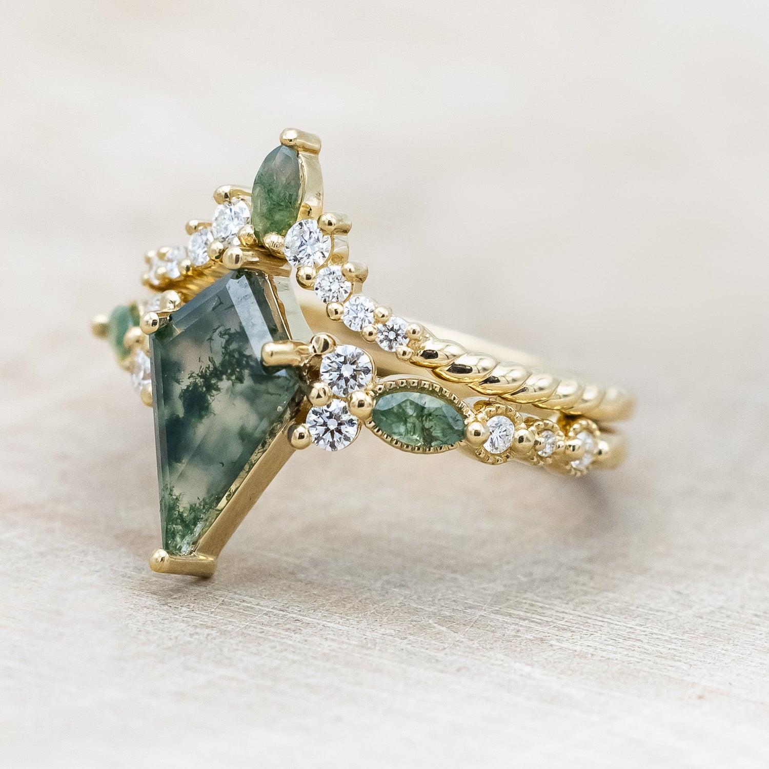"SHIMMERING SAGE" - KITE CUT MOSS AGATE ENGAGEMENT RING WITH MARQUISE MOSS AGATE ACCENTS & A DIAMOND TRACER-Staghead Designs