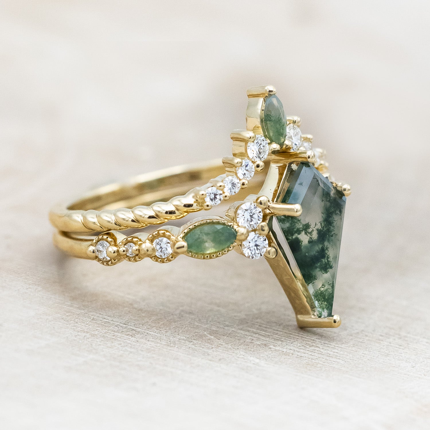 "SHIMMERING SAGE" - KITE CUT MOSS AGATE ENGAGEMENT RING WITH MARQUISE MOSS AGATE ACCENTS & A DIAMOND TRACER-Staghead Designs