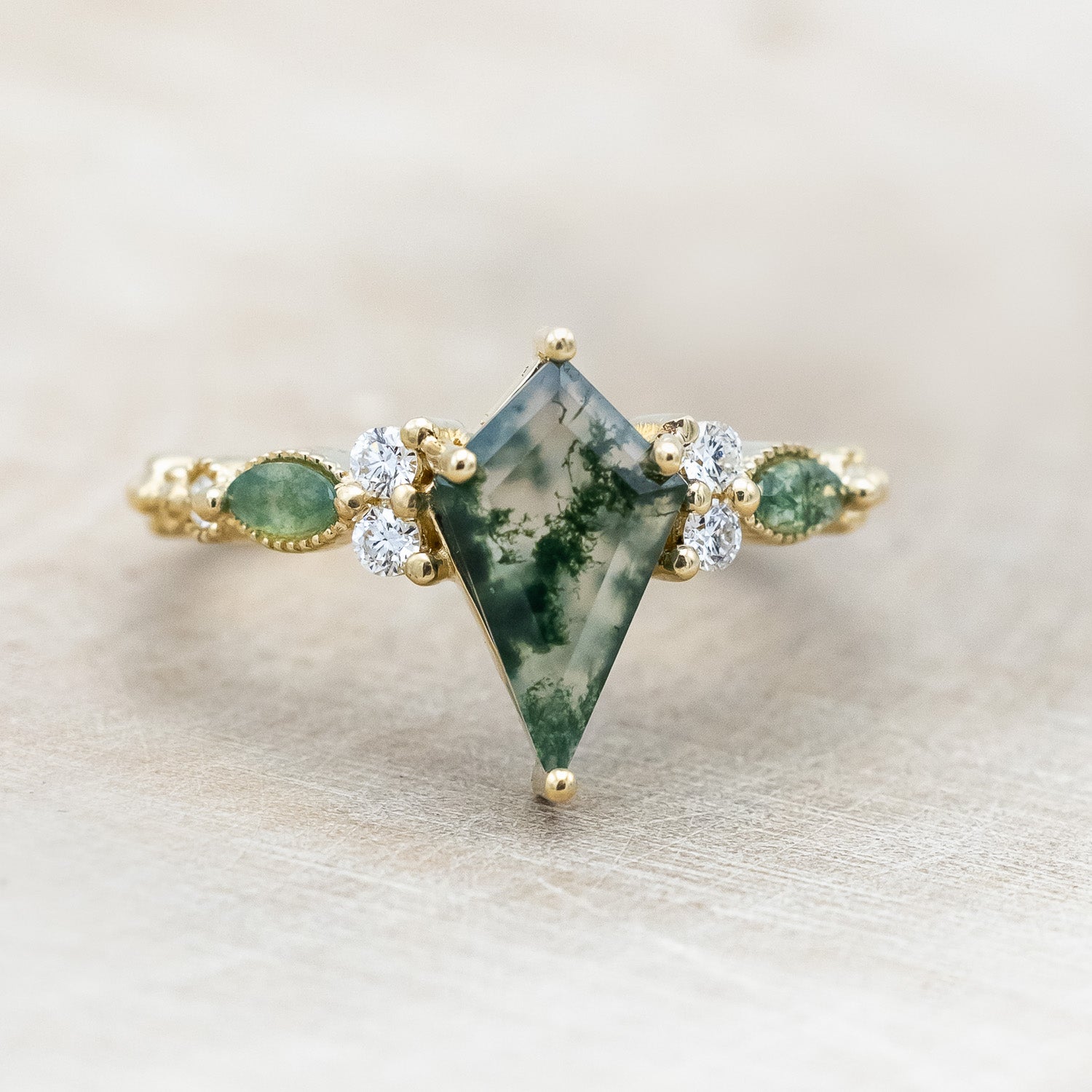 "SHIMMERING SAGE" - KITE CUT MOSS AGATE ENGAGEMENT RING WITH MARQUISE MOSS AGATE ACCENTS & A DIAMOND TRACER-Staghead Designs