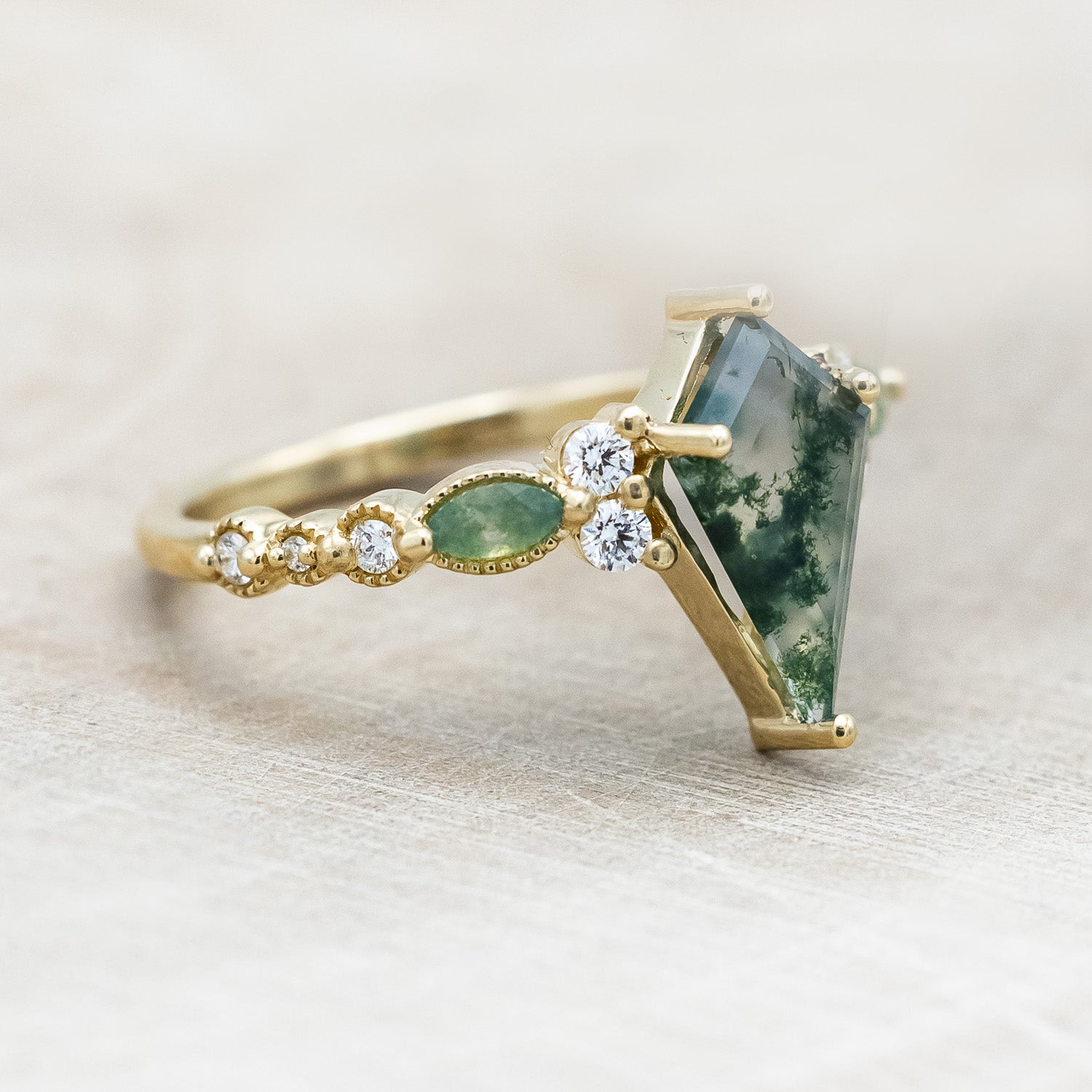 "SHIMMERING SAGE" - KITE CUT MOSS AGATE ENGAGEMENT RING WITH MARQUISE MOSS AGATE ACCENTS & A DIAMOND TRACER-Staghead Designs