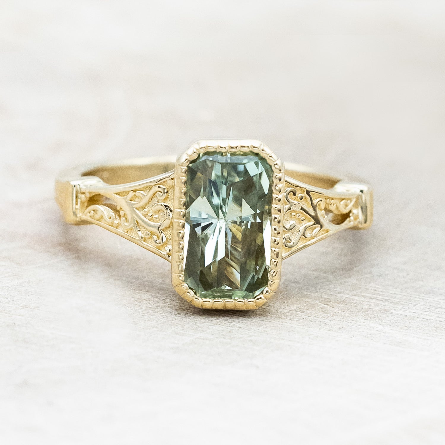 ONE-OF-A-KIND - "SELENE" - RADIANT CUT NATURAL GREEN SAPPHIRE ENGAGEMENT RING-Staghead Designs