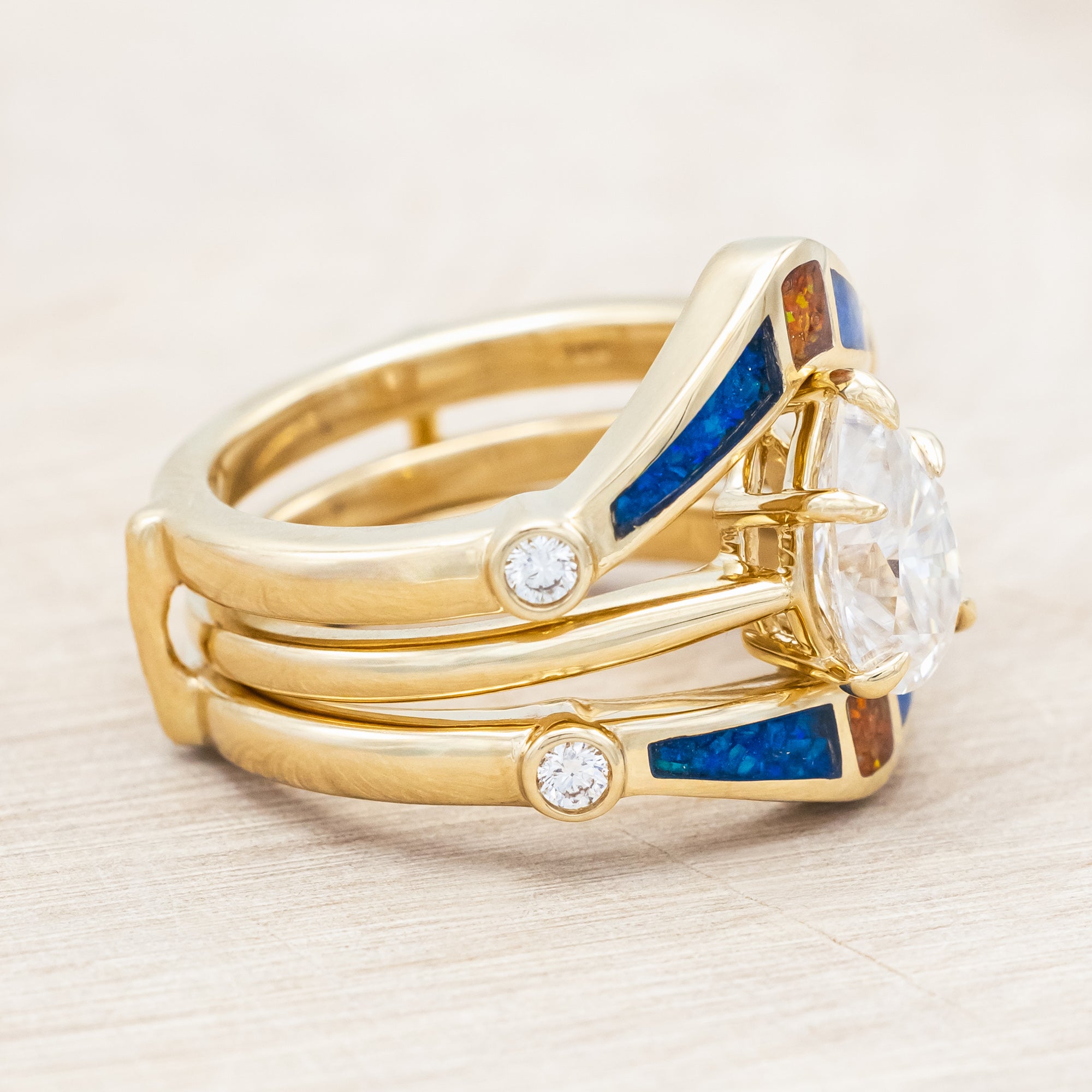 SOLITAIRE PEAR CUT MOISSANITE ENGAGEMENT RING WITH ORANGE & BLUE OPAL INLAID RING GUARD-Staghead Designs