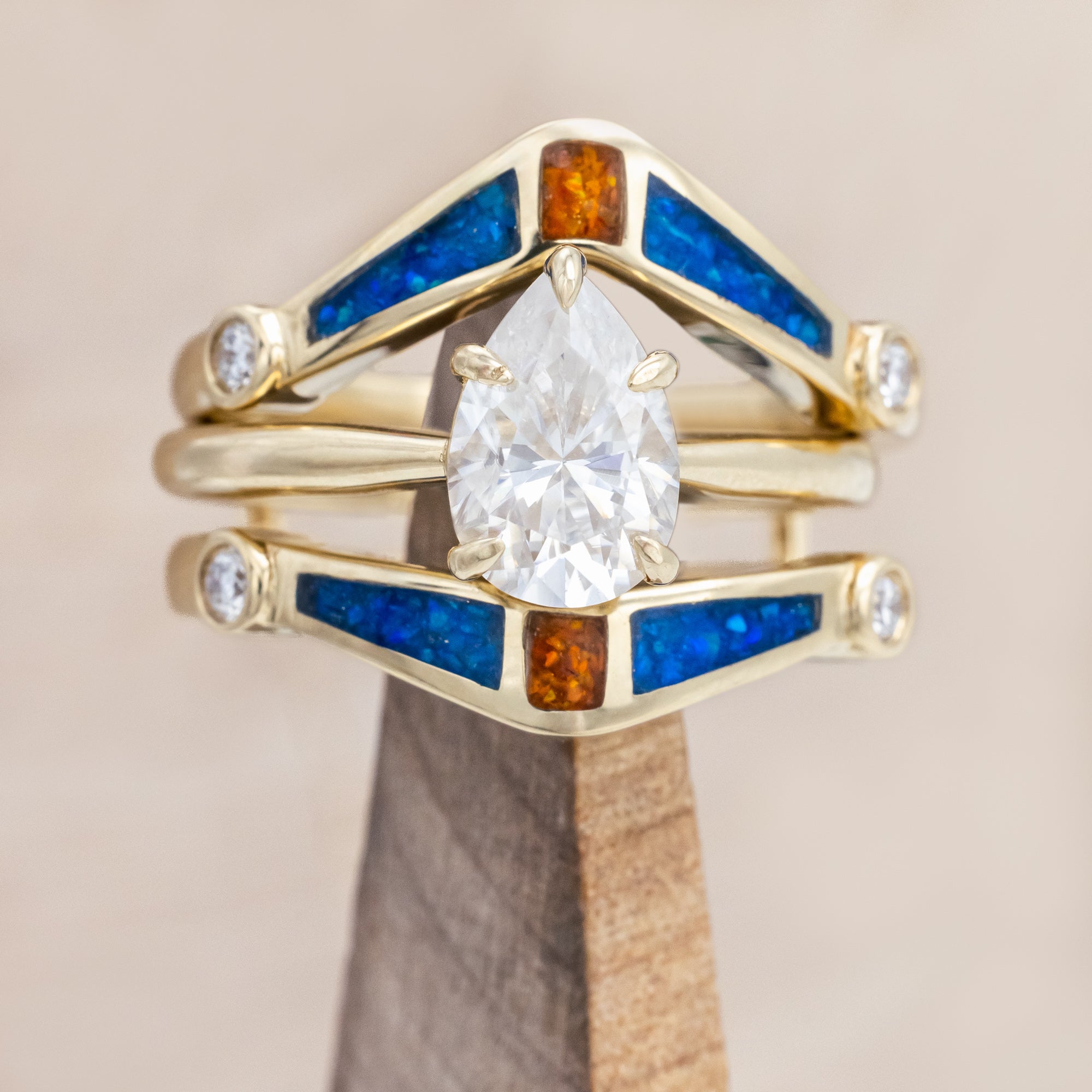 SOLITAIRE PEAR CUT MOISSANITE ENGAGEMENT RING WITH ORANGE & BLUE OPAL INLAID RING GUARD-Staghead Designs