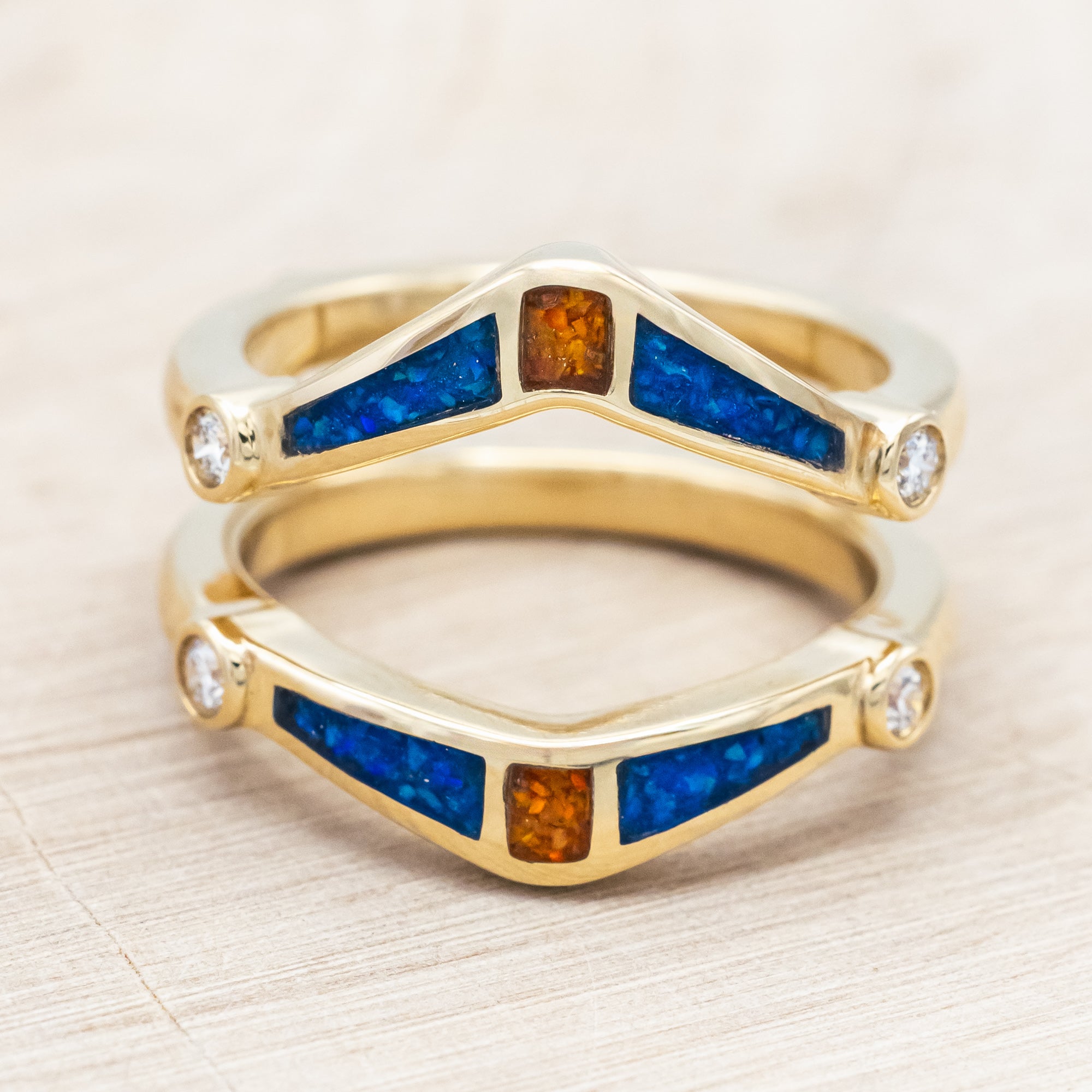 SOLITAIRE PEAR CUT MOISSANITE ENGAGEMENT RING WITH ORANGE & BLUE OPAL INLAID RING GUARD-Staghead Designs