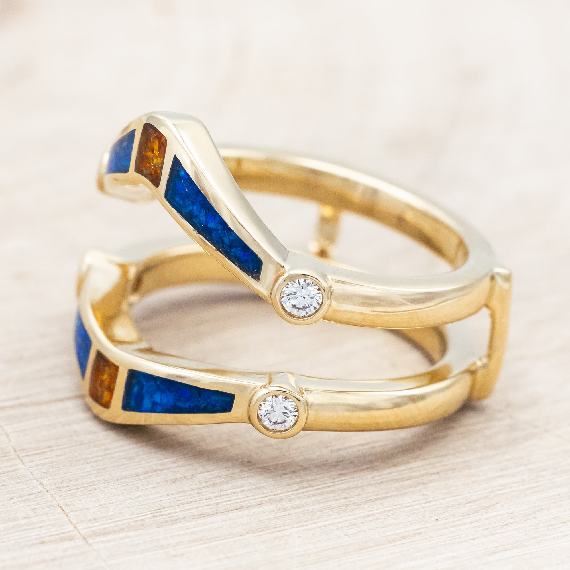 SOLITAIRE PEAR CUT MOISSANITE ENGAGEMENT RING WITH ORANGE & BLUE OPAL INLAID RING GUARD-Staghead Designs