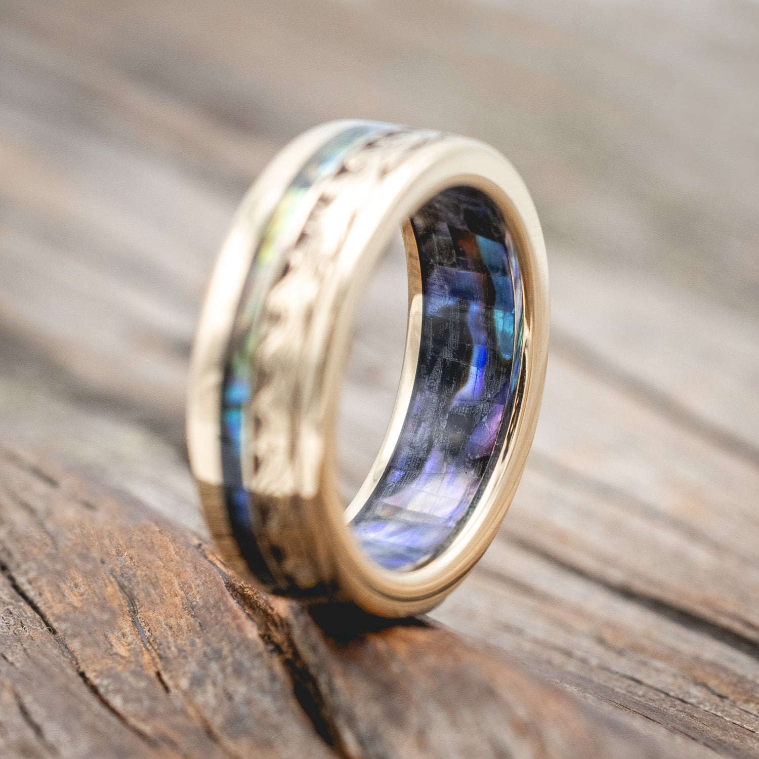 "TRITON" - WAVE ENGRAVED WEDDING BAND WITH PAUA SHELL INLAY & LINING-Staghead Designs