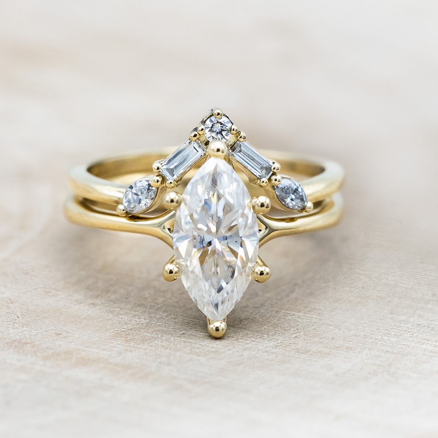 "TULIP" - MARQUISE MOISSANITE ENGAGEMENT RING WITH "MELODY" DIAMOND STACKING BAND-Staghead Designs