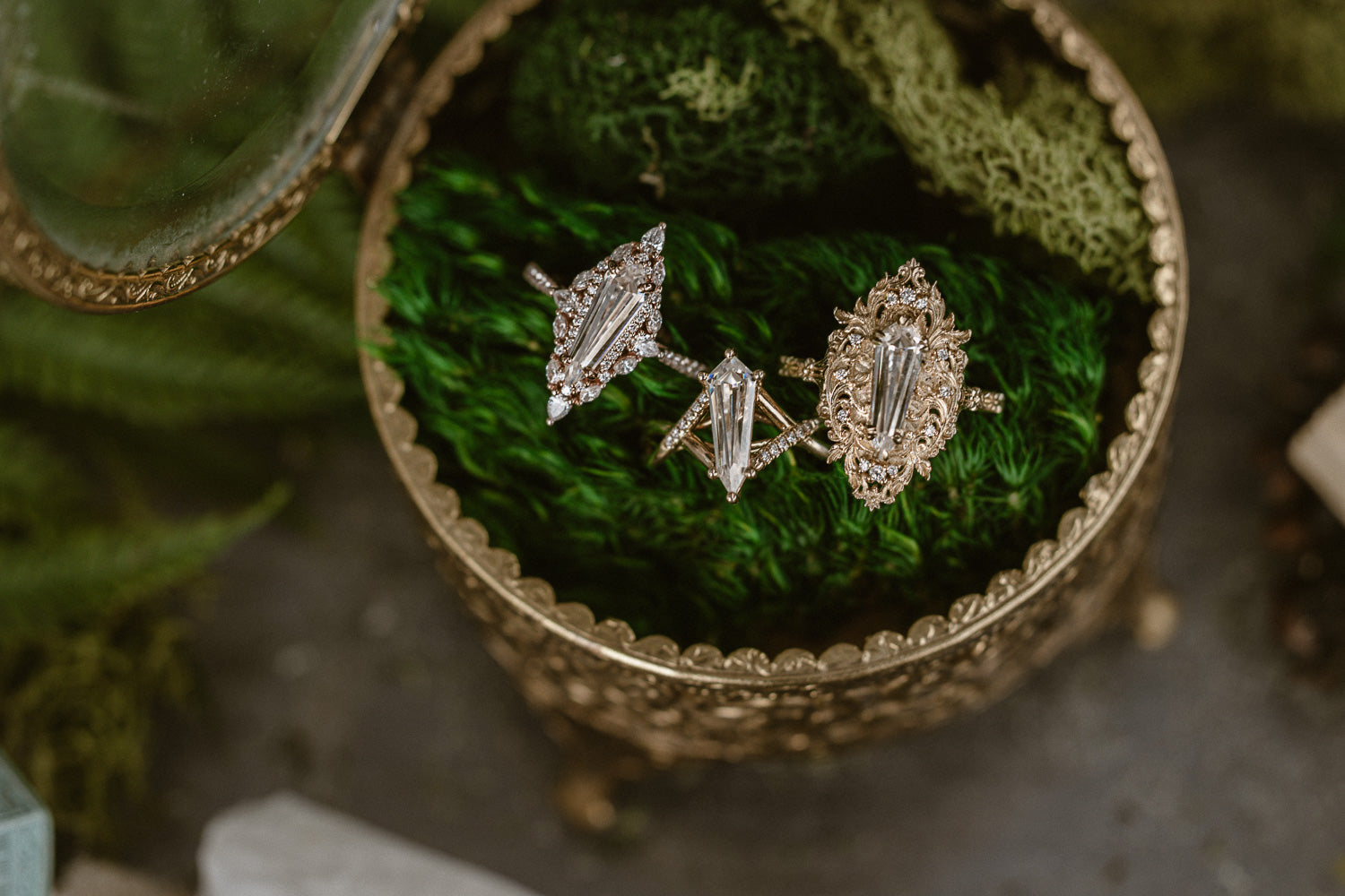 "NORTH STAR" - DAGGER CUT MOISSANITE ENGAGEMENT RING WITH DIAMOND HALO & ACCENTS-Staghead Designs