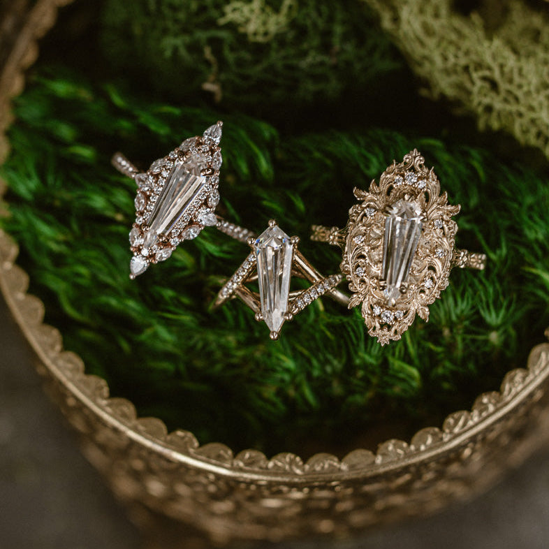 "NORTH STAR" - DAGGER CUT MOISSANITE ENGAGEMENT RING WITH DIAMOND HALO & ACCENTS-Staghead Designs